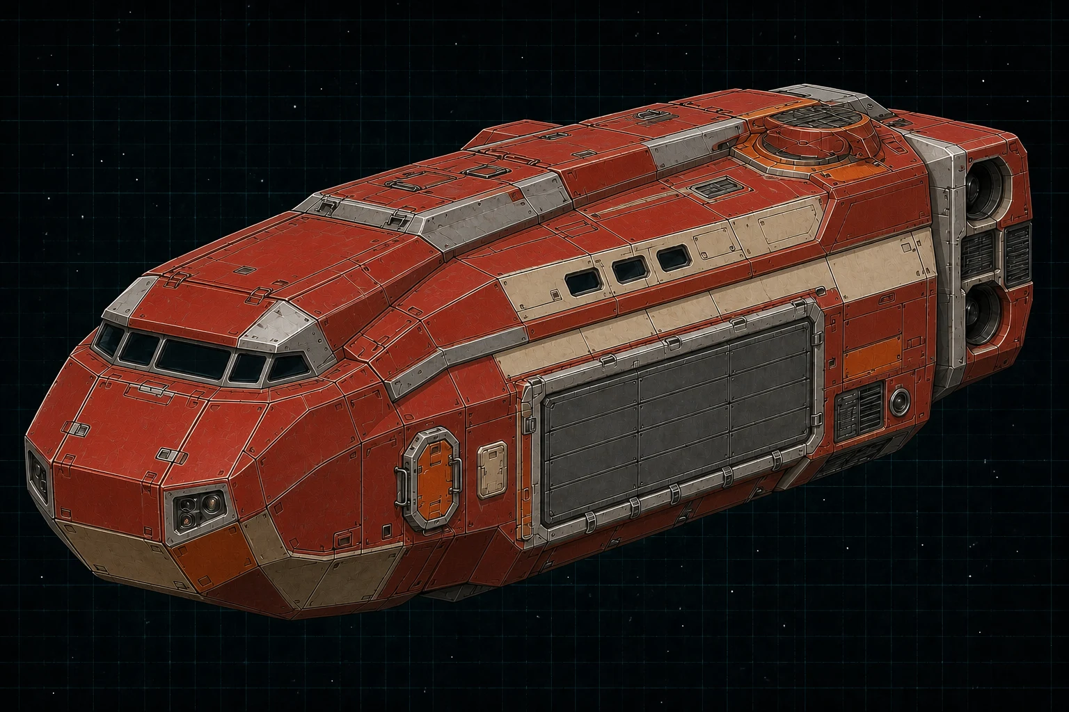 Painted three-quarter view of Ballista, a fire-red, orange, bone, and stainless eighty-ton missile escort boat with a side missile turret and broad stores shutter.