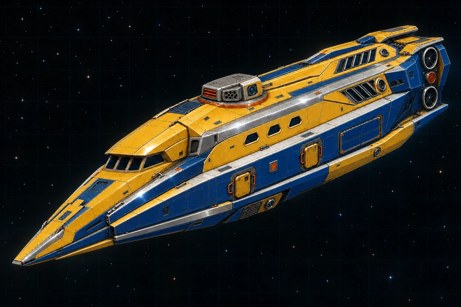 Painted three-quarter view of Phileas, a sunflower, cobalt, orange, and chrome hundred-ton spearcoach courier with a mixed side turret and lower point-defense laser.