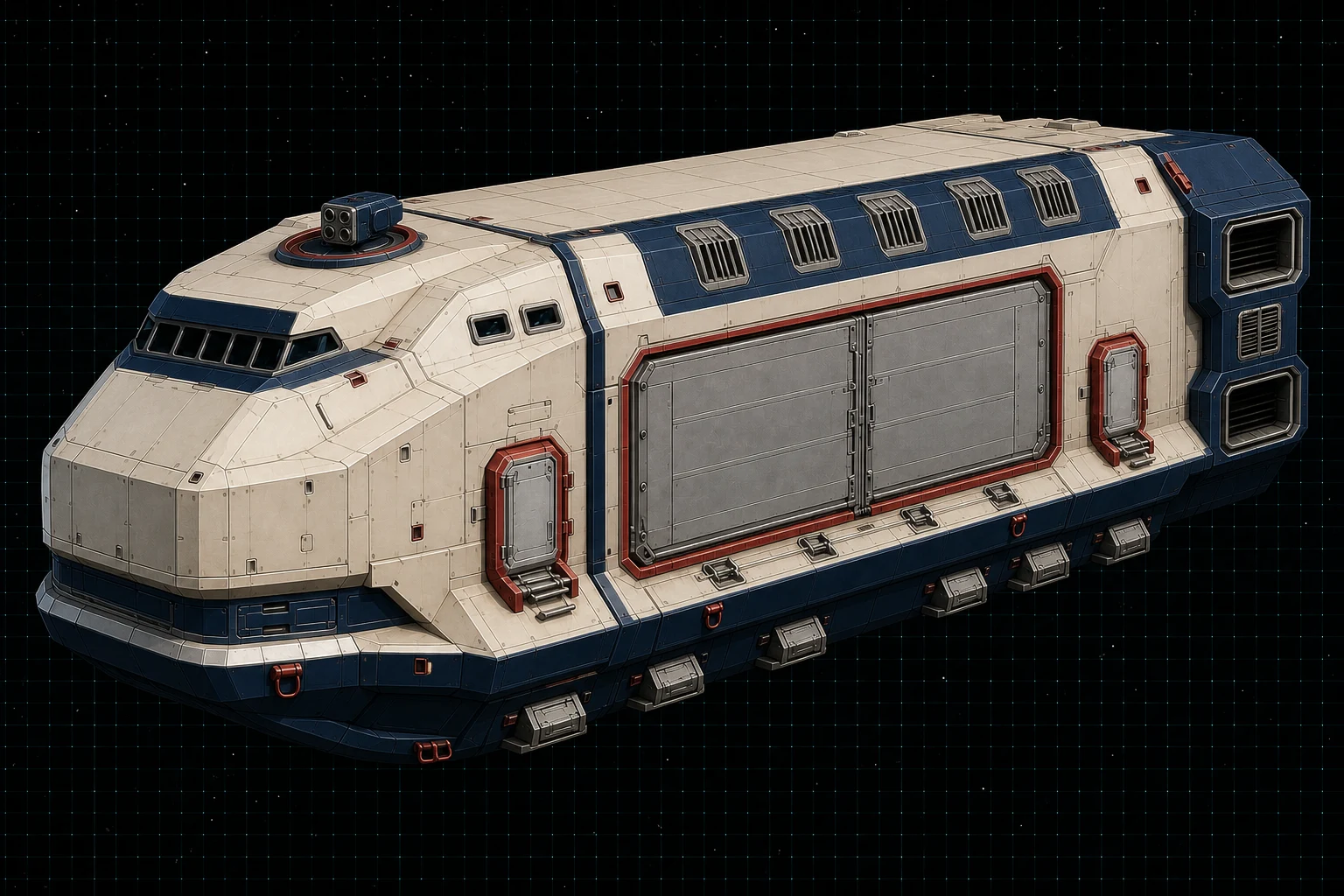 Painted three-quarter view of Antaeus, a navy, warm-white, signal-red, and steel two-hundred-ton planetary transport with a sandcaster turret and enormous freight shutter.