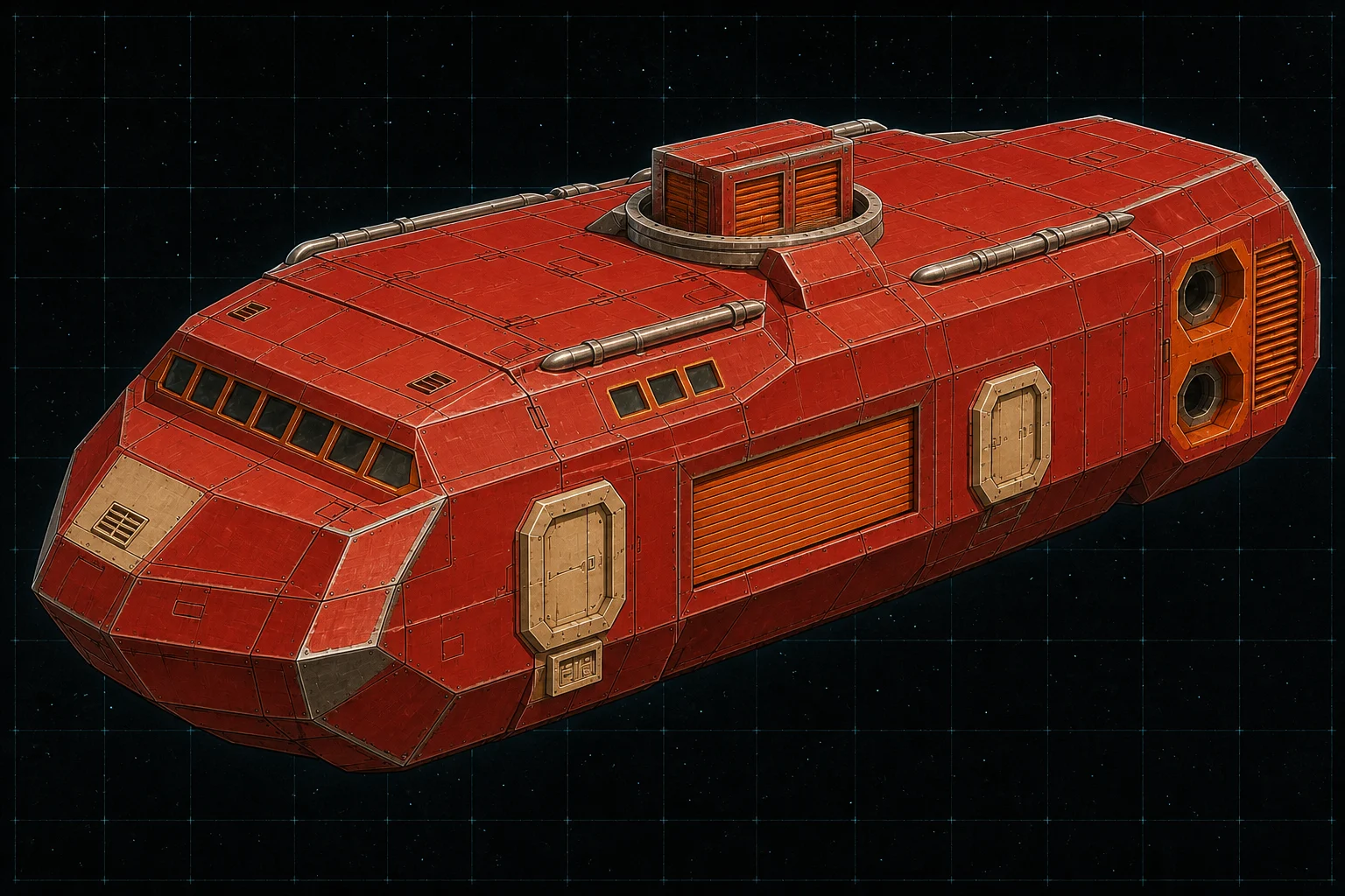 Painted three-quarter view of Triton, a red, orange, and bone ninety-five-ton escort boat with a shuttered missile rack.