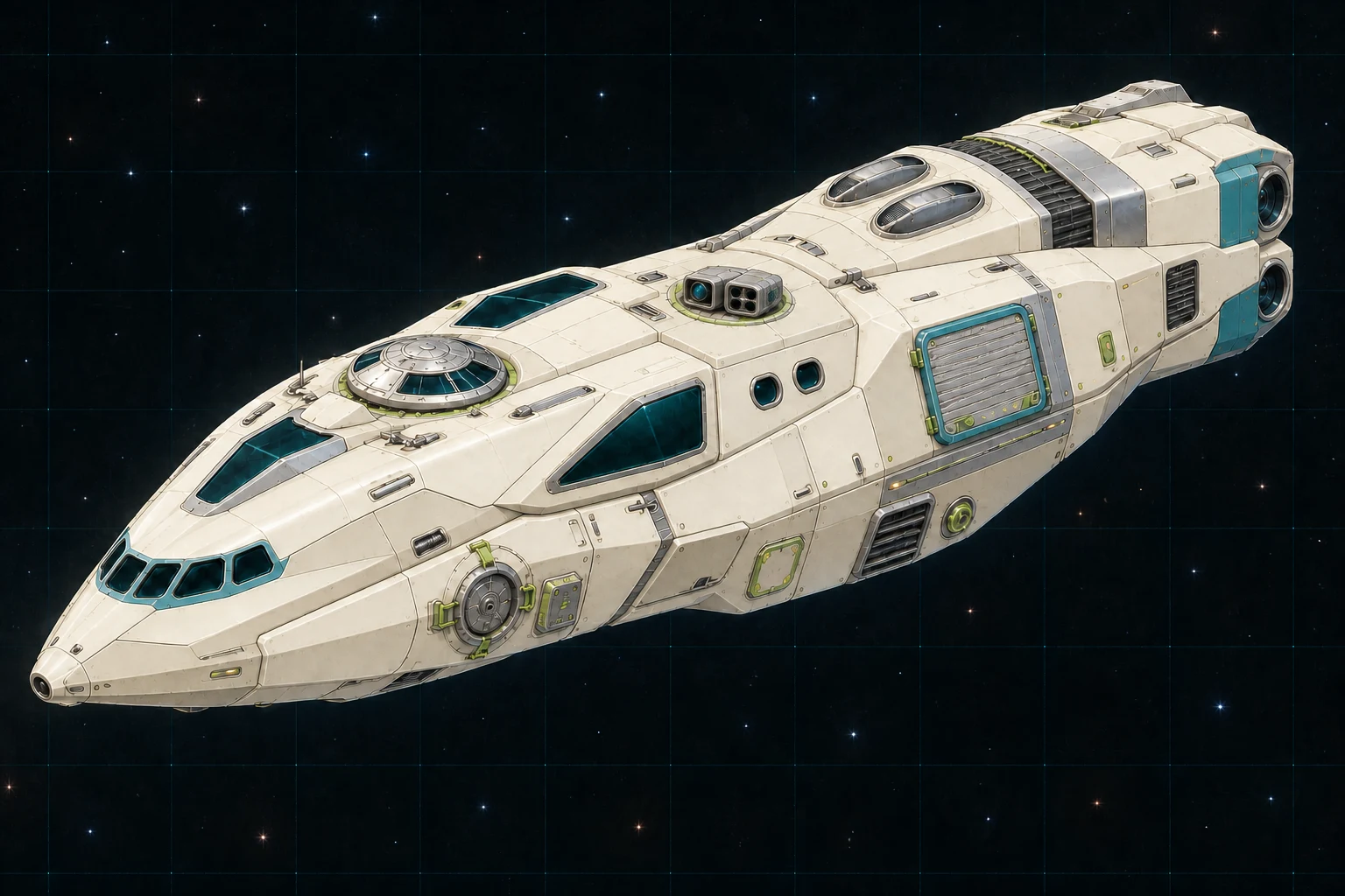 Painted three-quarter view of Challenger, a warm-white, cyan, lime, and chrome hundred-and-twenty-ton survey courier with a mixed side turret and closed utility hangar.