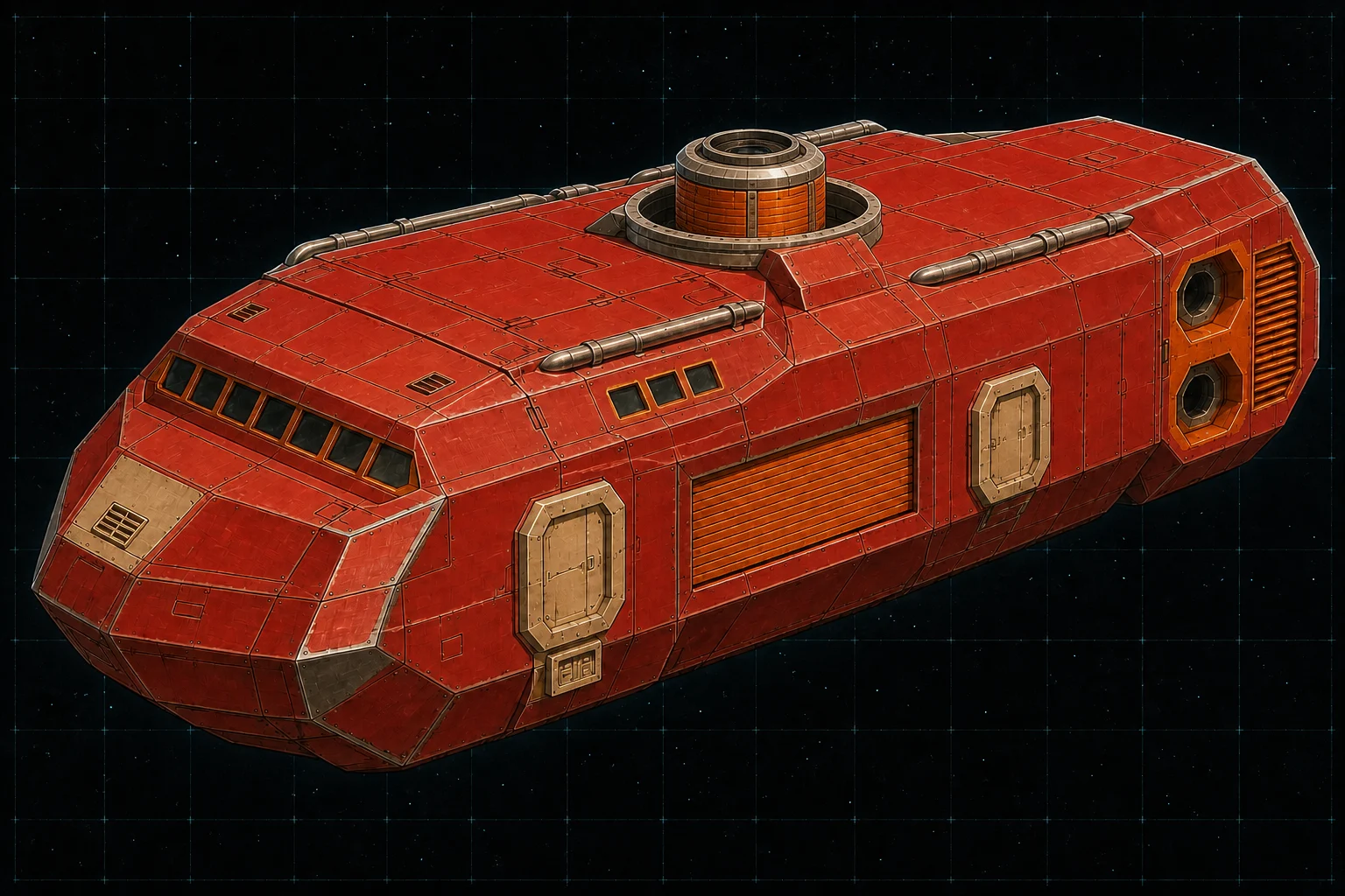 Painted three-quarter view of Nereus, a red, orange, and bone ninety-five-ton escort boat with a collared particle-beam emitter.