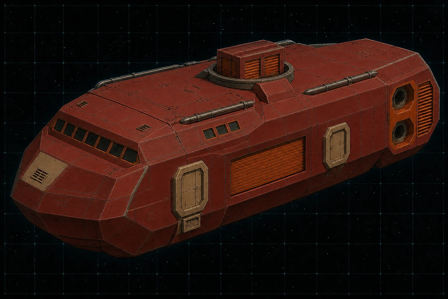 Painted three-quarter view of Glaucus, a low-sheen red and orange ninety-five-ton stealth escort boat with a shuttered missile rack.