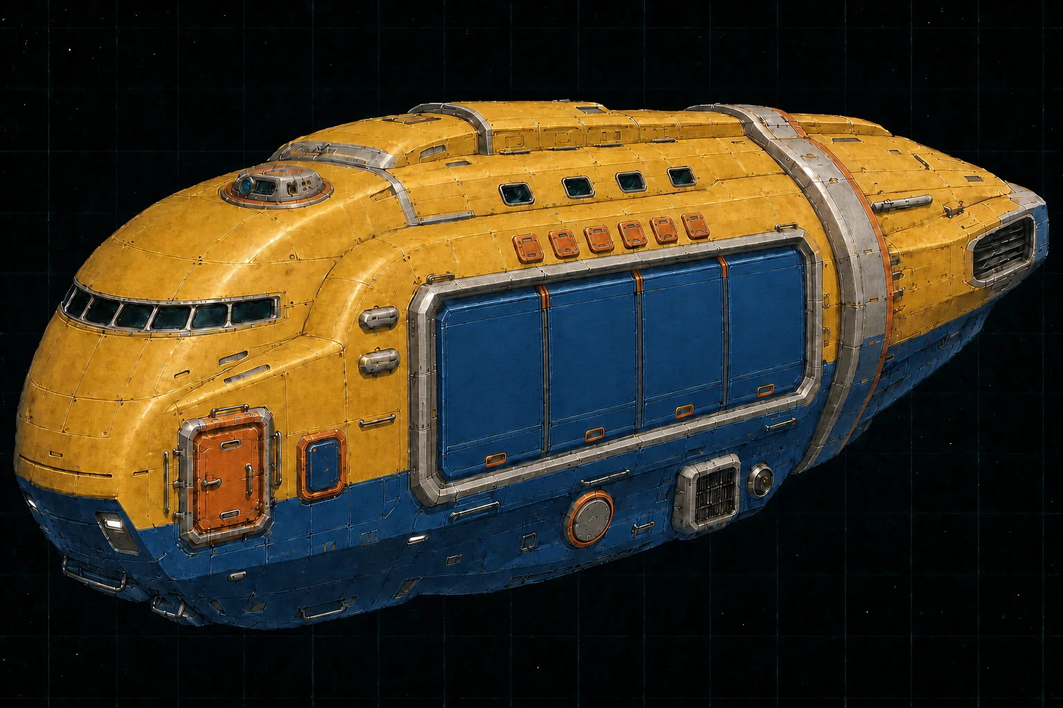 Painted three-quarter view of Argosy, a sunflower, cobalt, orange, and chrome four-hundred-ton cargo whale with a mixed flank turret and an enormous freight shutter.