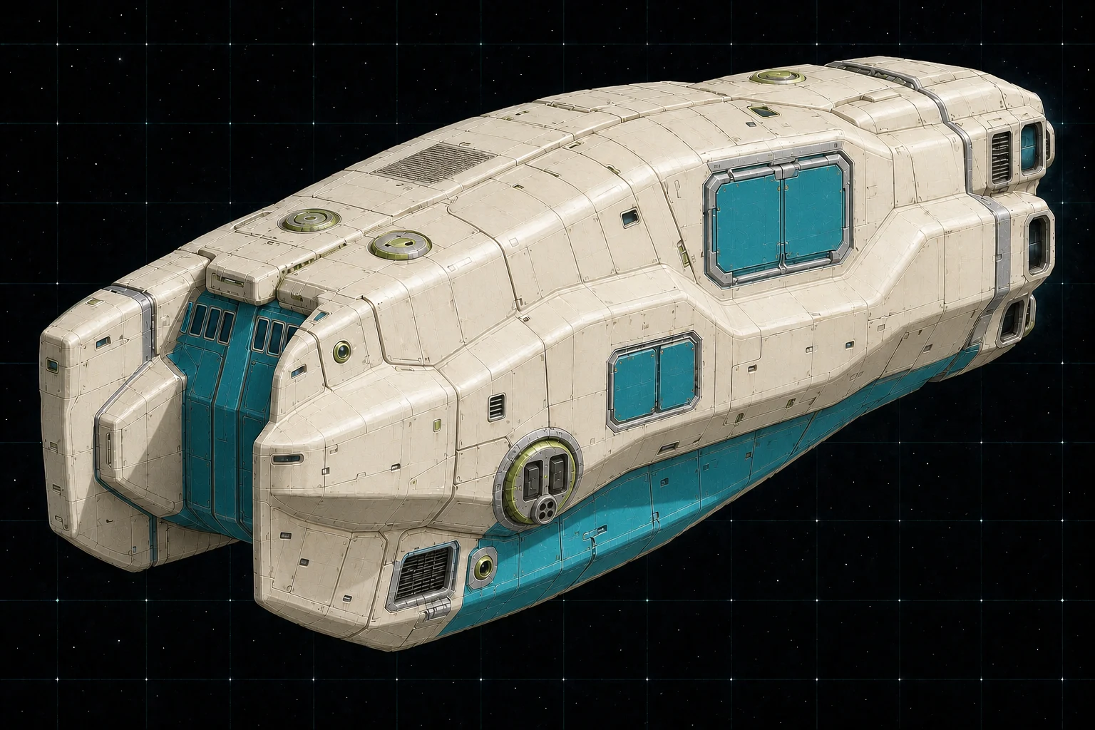 Painted three-quarter view of Janus, a warm-white, cyan, lime, and chrome two-hundred-ton armored system patrol ship with a mixed flank turret and closed launch bay.