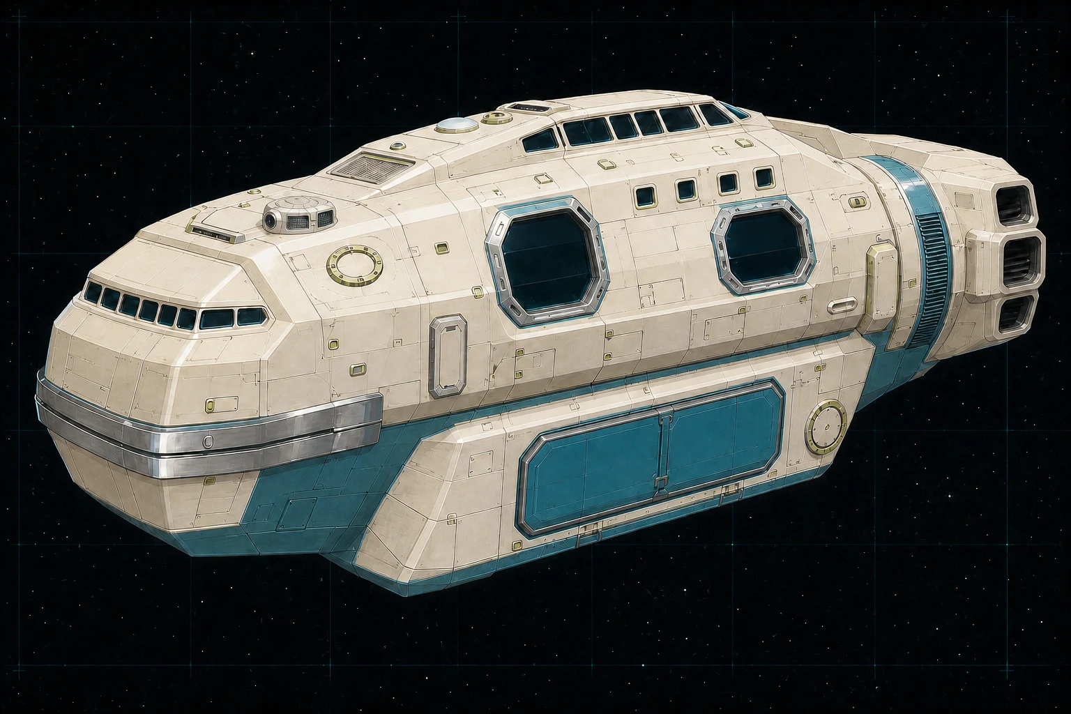 Painted three-quarter view of Darwin, a warm-white, cyan, lime, and chrome three-hundred-ton survey scout with two observation bays, a mixed turret, and a large sample-hold shutter.