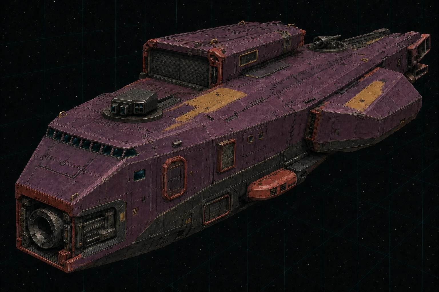 Painted three-quarter view of Drake, an aubergine, vermilion, mustard, and black-chrome three-hundred-ton raider with a breaching tube, boat hangar, and two visible turrets.