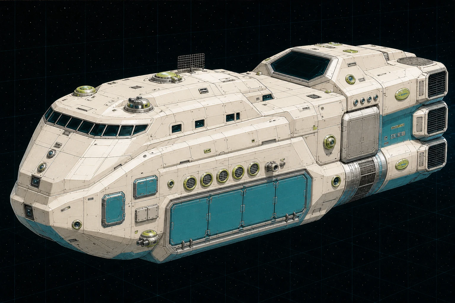 Painted three-quarter view of Magellan, a warm-white, cyan, lime, and chrome four-hundred-ton exploration caravel with two visible turrets, a large cargo shutter, and an observation quarterdeck.