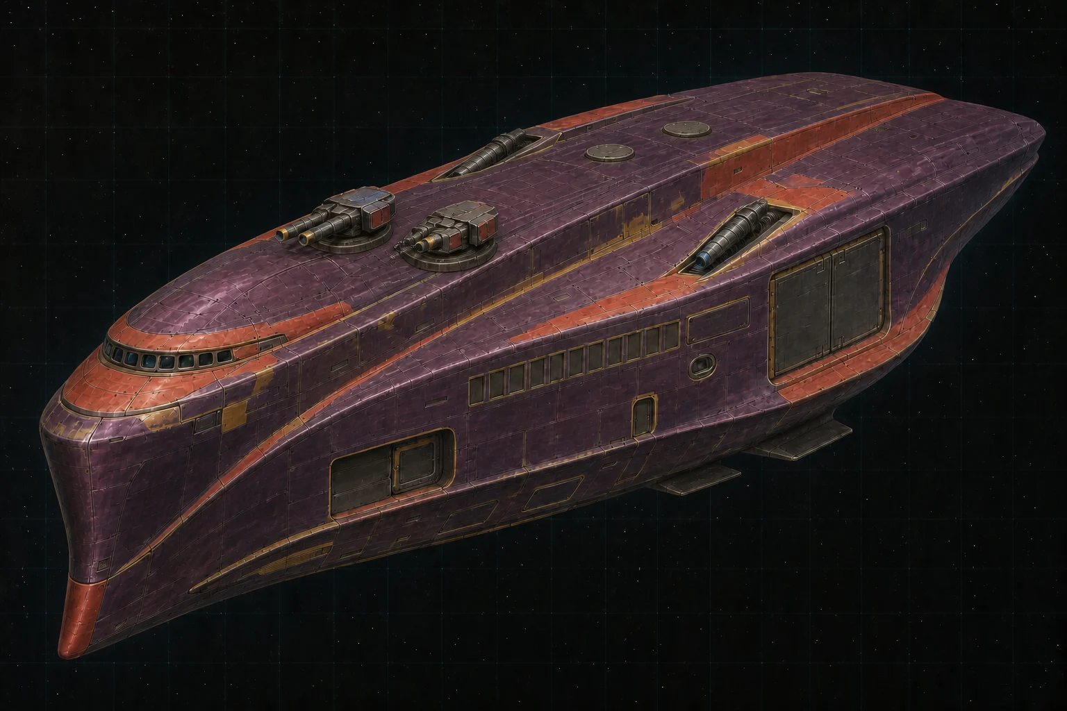 Painted three-quarter view of Silver, an aubergine four-hundred-ton raider with two mixed turrets, two particle barbettes, and a boat hangar.