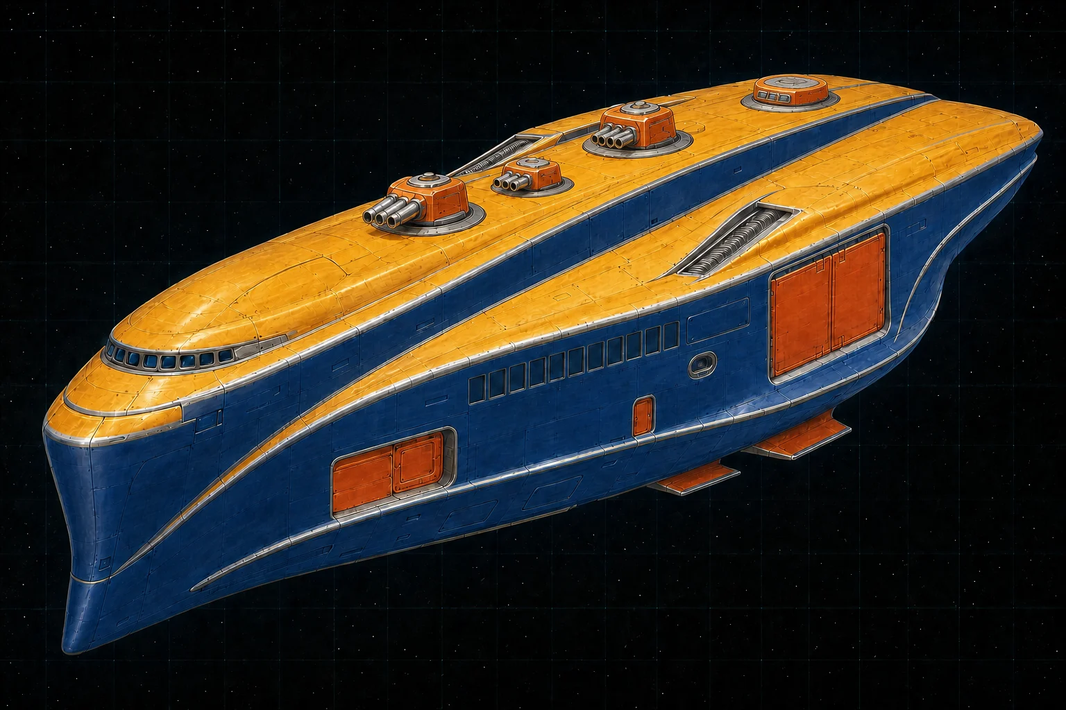 Painted three-quarter view of Trelawney, a sunflower and cobalt four-hundred-ton armed passenger ship with four triple turrets.