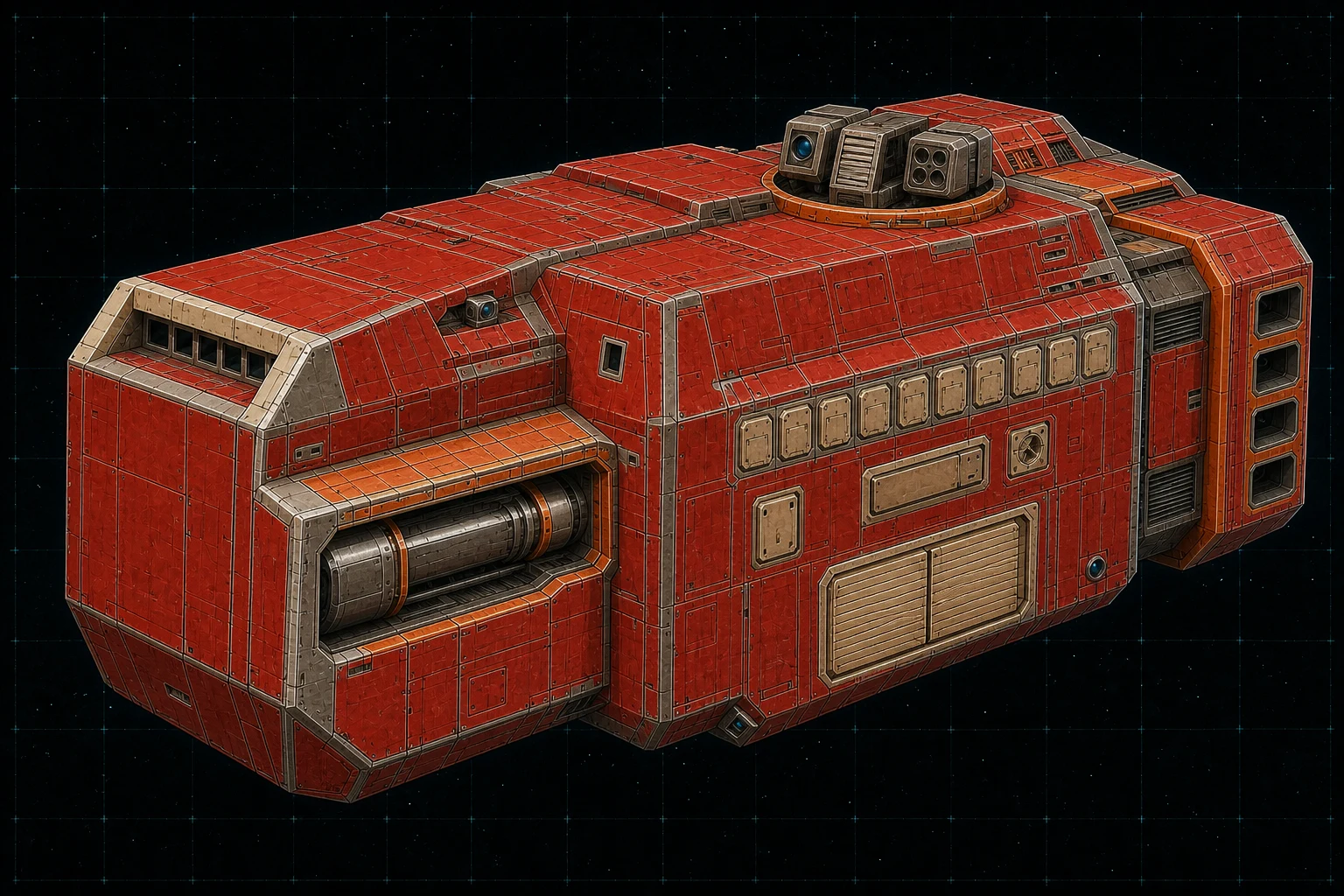 Painted three-quarter view of Monitor, a fire-red, orange, bone, and stainless three-hundred-ton system gunboat with an architectural particle-beam bay and mixed turret.