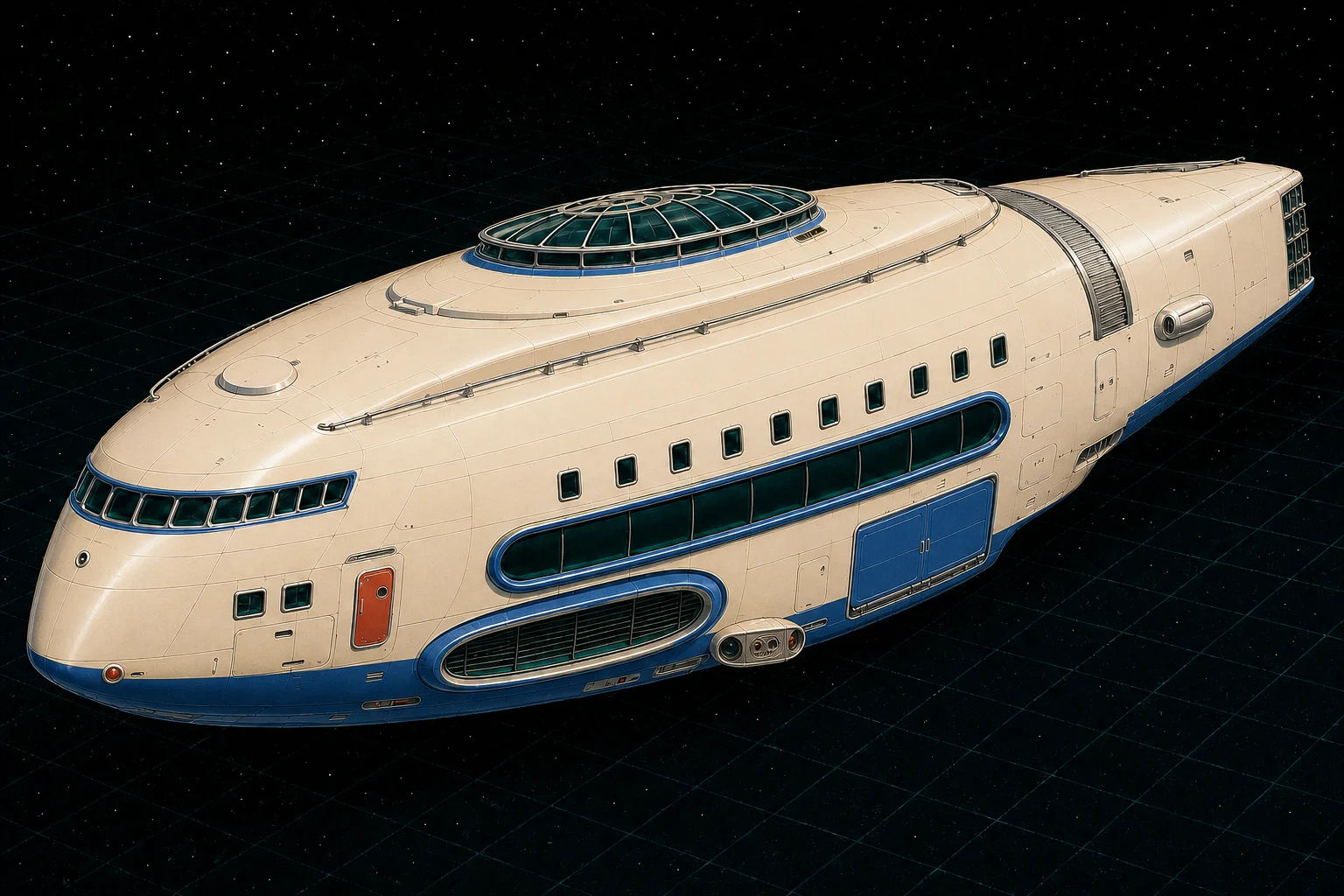 Painted three-quarter view of Xanadu, an ivory, royal-blue, vermilion, and chrome four-hundred-ton luxury resort spindle with a conservatory, panoramic lounge, spa bay, and discreet flank turret.