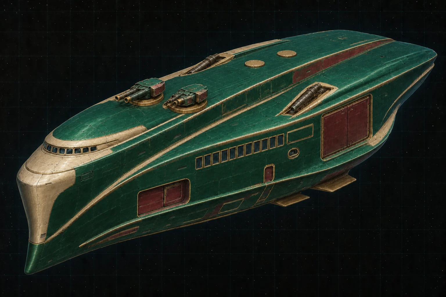 Painted three-quarter view of Smollett, an emerald four-hundred-ton escort raider with two mixed turrets and two particle barbettes.