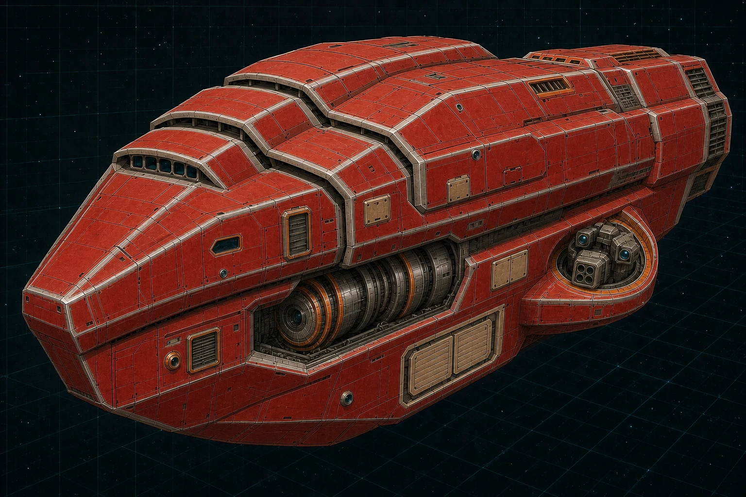 Painted three-quarter view of Aegis, a fire-red, orange, bone, and stainless three-hundred-ton shield-vault cruiser with an architectural meson bay and lower-flank turret.