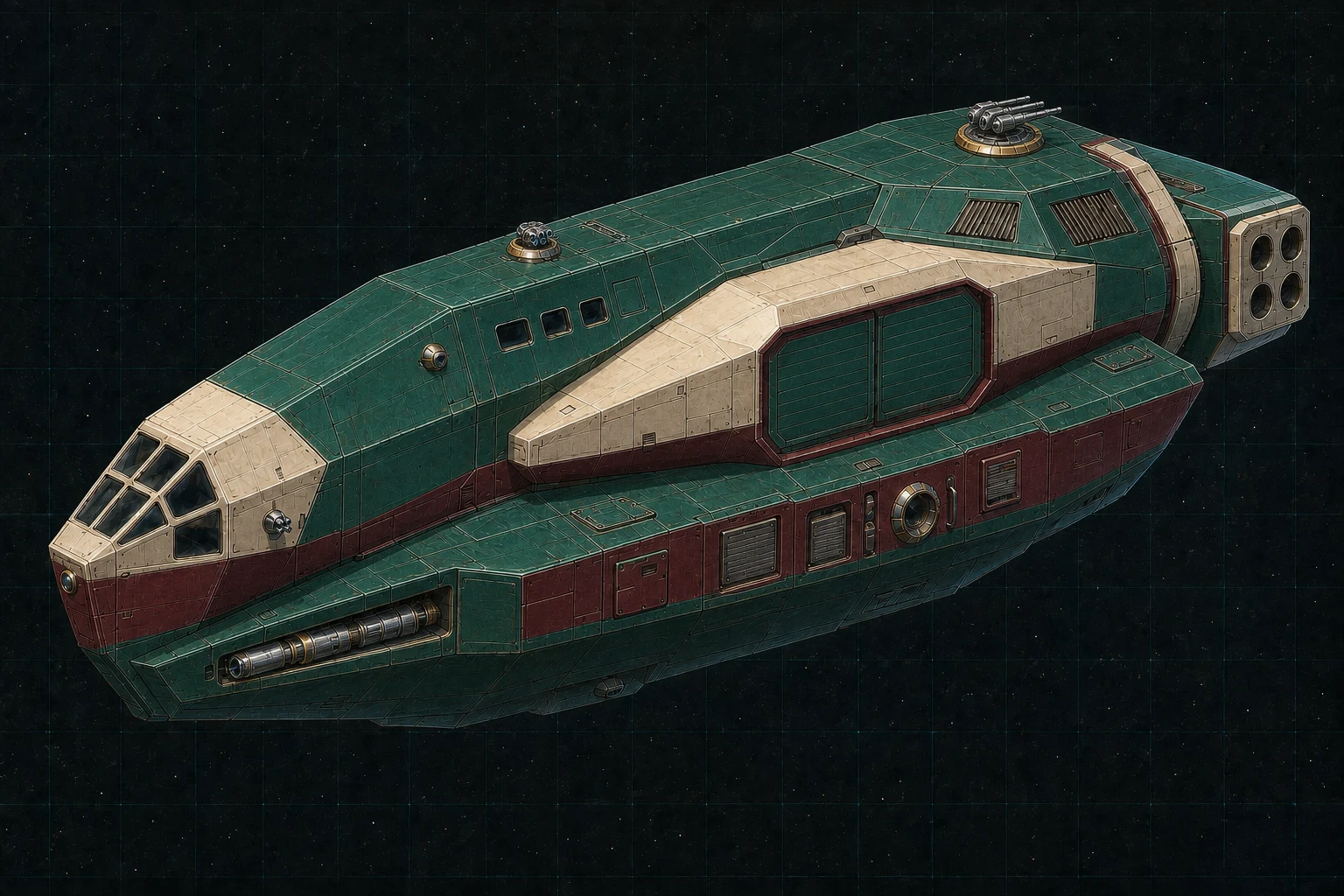 Painted three-quarter view of Marque, an emerald, cream, burgundy, and gold-chrome four-hundred-ton escort brig with a particle barbette, triple-beam turret, and closed boarding-boat hangar.