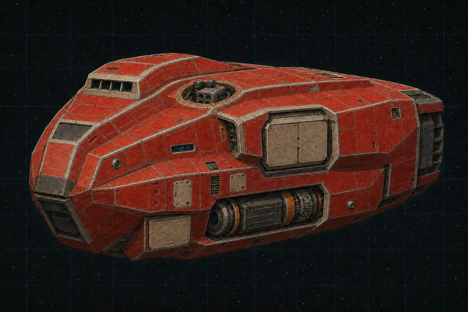 Painted three-quarter view of Bastion, a fire-red, bone, and stainless three-hundred-ton system-defense carrier with a recessed meson bay, flank turret, and closed transfer-launch hangar.