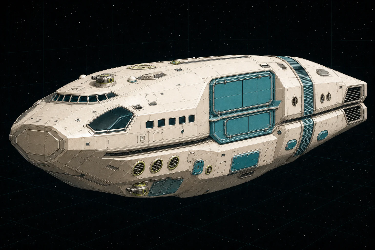 Painted three-quarter view of Nansen, a warm-white, cyan, lime, and chrome five-hundred-ton survey sounder with two flank turrets and two separate closed expedition hangars.