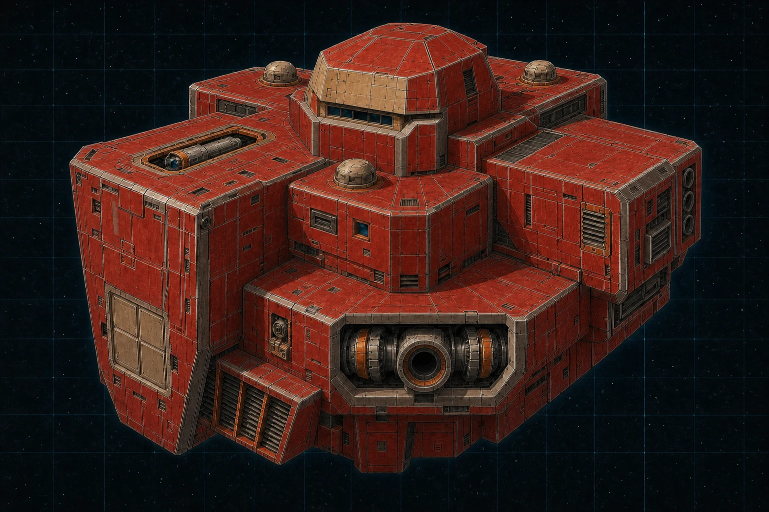 Painted three-quarter view of Sentinel, a fire-red, bone, and stainless three-hundred-ton orbital watchtower with a recessed meson bay and port-quadrant particle barbette.