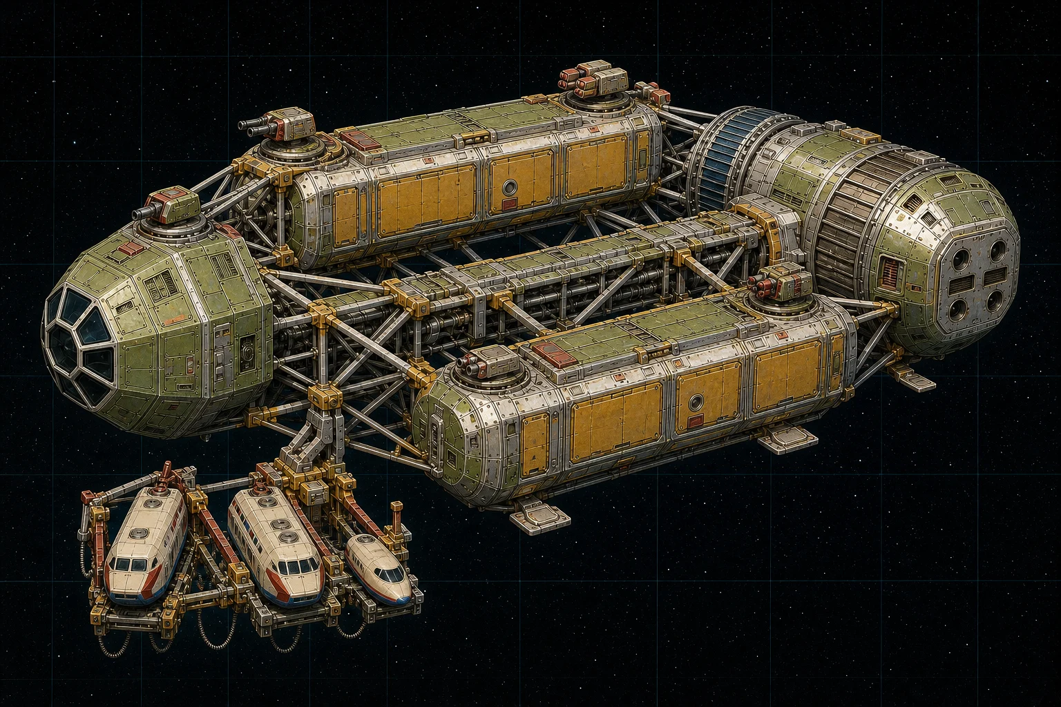 Painted three-quarter view of Bonanza, an avocado eight-hundred-ton distributed mining tender with three externally docked small craft.