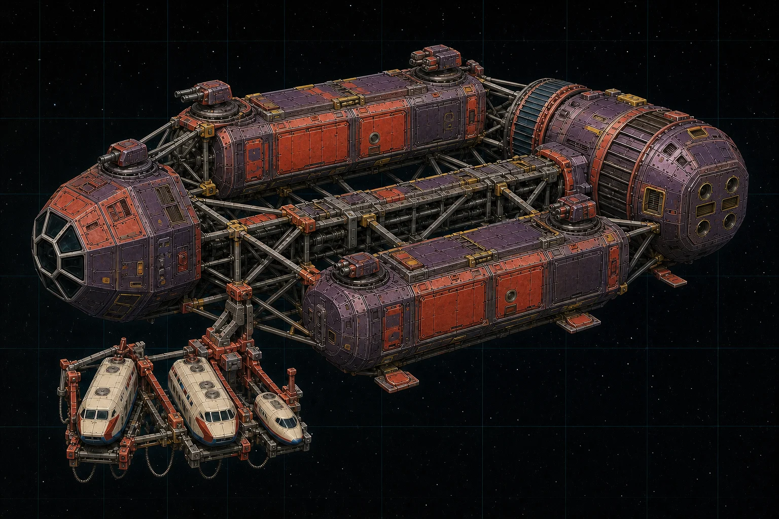 Painted three-quarter view of Skagway, an aubergine eight-hundred-ton distributed assault tender with three externally docked small craft.