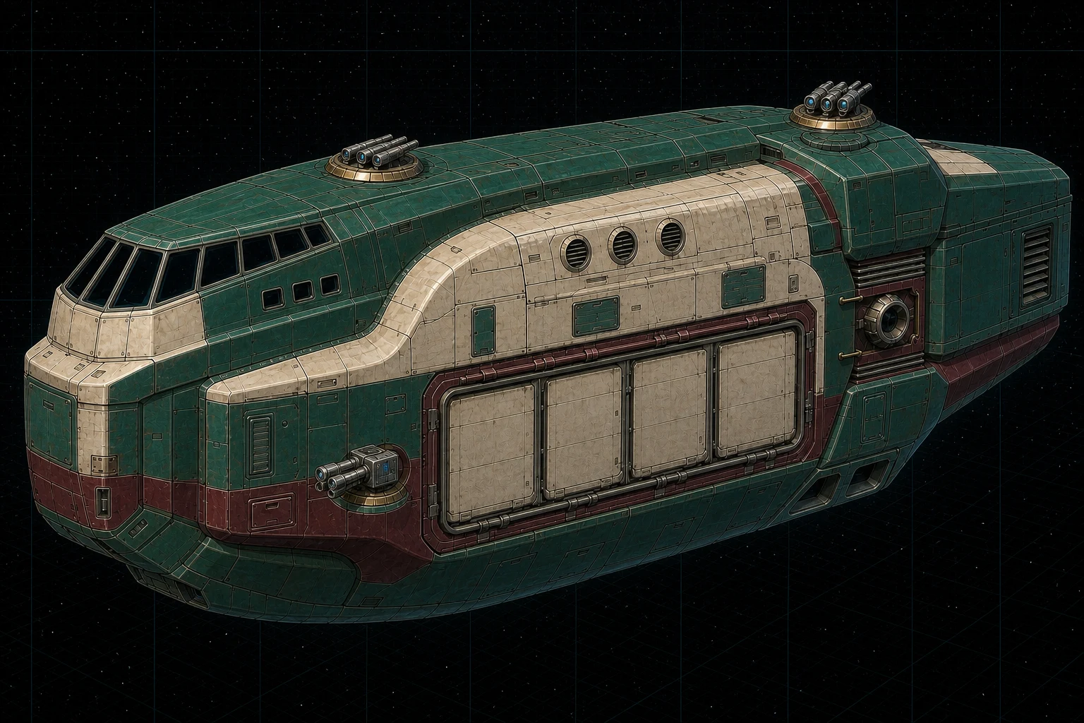 Painted three-quarter view of Raleigh, an emerald, cream, burgundy, and gold-chrome five-hundred-ton cargo-sabre merchant with three visible turrets and a vast closed freight shutter.