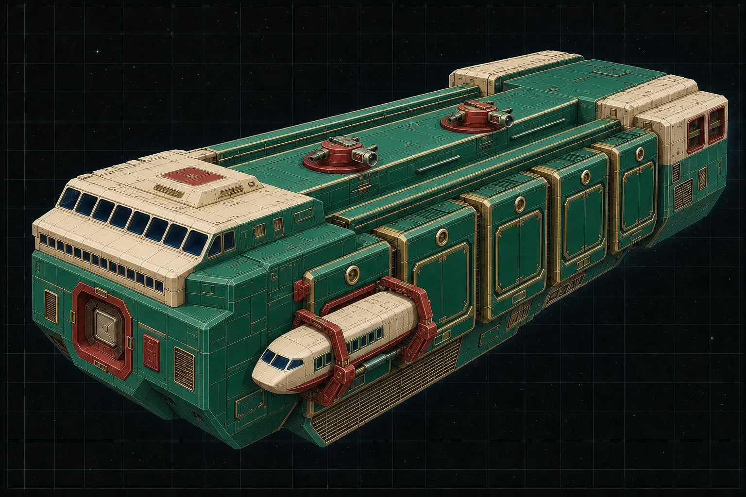 Painted three-quarter view of Odysseus, an emerald eight-hundred-ton modular freighter carrying an externally docked Albatross pinnace.