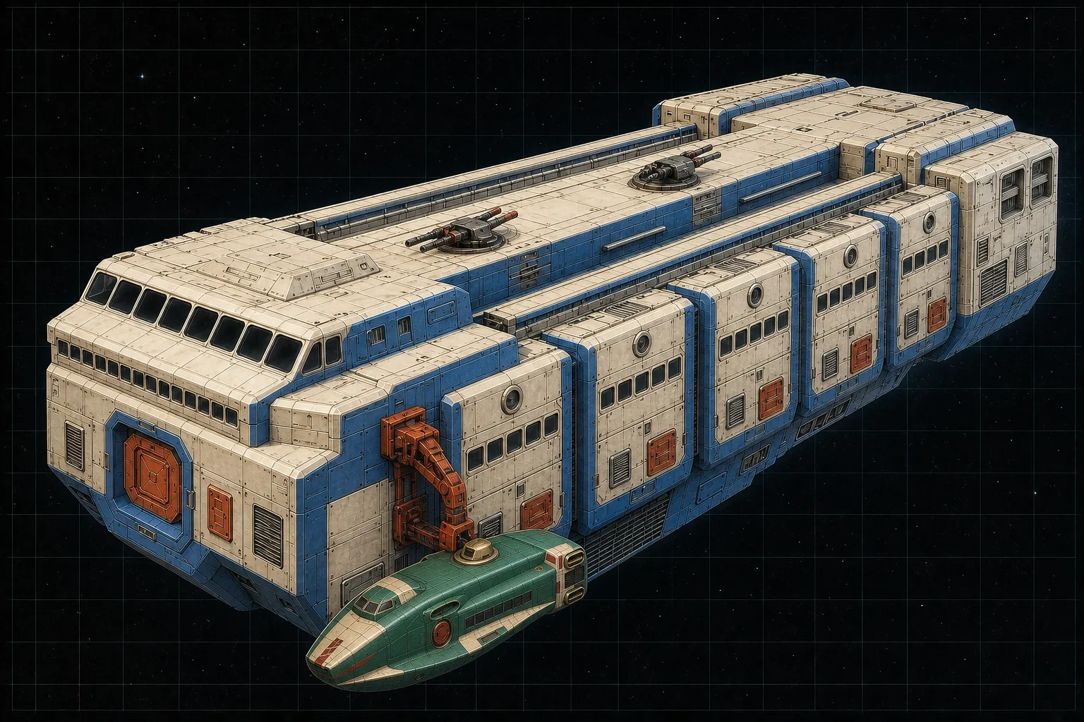 Painted three-quarter view of Scheria, an ivory and blue eight-hundred-ton colonial transport with steerage modules and an externally docked Jason.