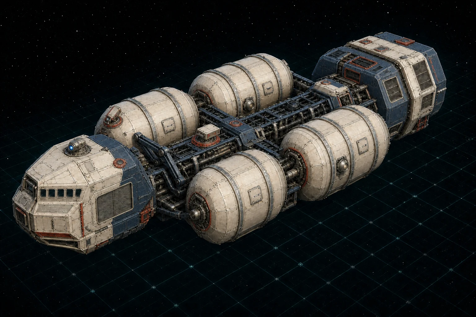 Painted three-quarter view of Aquarius, a navy, warm-white, signal-red, and aluminum thousand-ton distributed fleet tanker with four permanent tank drums and an open transfer spine.