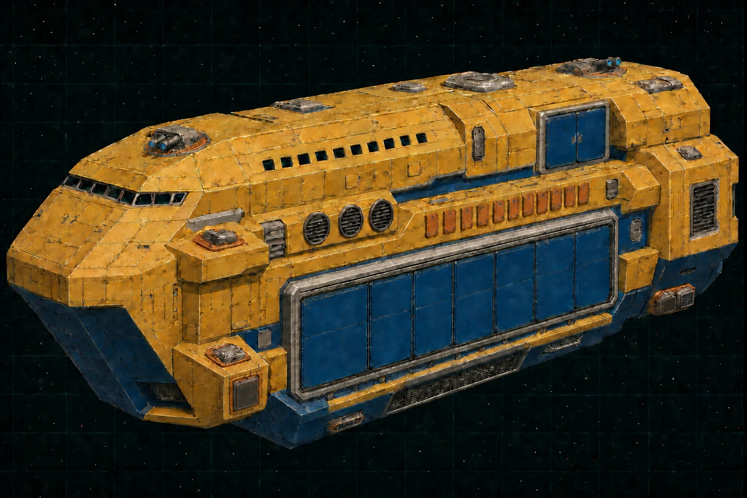 Painted three-quarter view of Caravan, a sunflower, cobalt, orange, and chrome thousand-ton frontier freight lozenge with four visible turrets, one blank hardpoint, and a closed six-leaf cargo shutter.