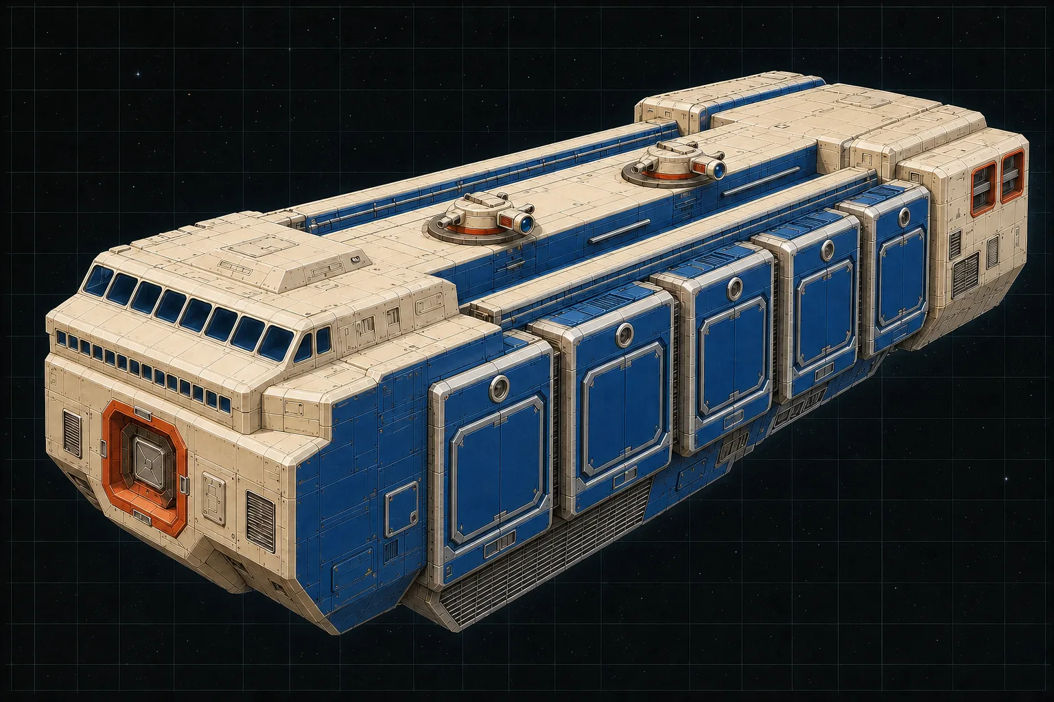Painted three-quarter view of Ithaca, an ivory and blue eight-hundred-ton modular freighter with cargo modules and a blanked docking interface.