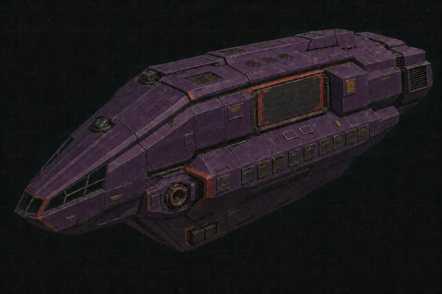Painted three-quarter view of Revenant, an aubergine, vermilion, mustard, and black-chrome six-hundred-ton boarding-hook raider with three visible flank weapons and a closed assault-cutter hangar.