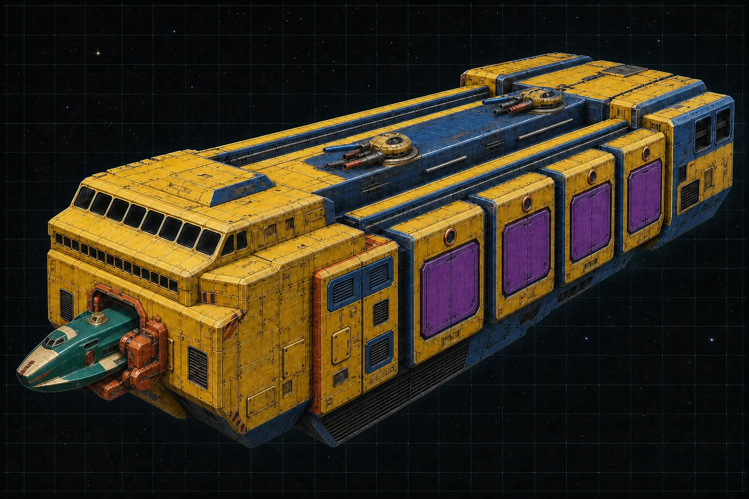 Painted three-quarter view of Cyclops, a yellow and violet eight-hundred-ton missile ship with six launch banks and an externally docked Jason.
