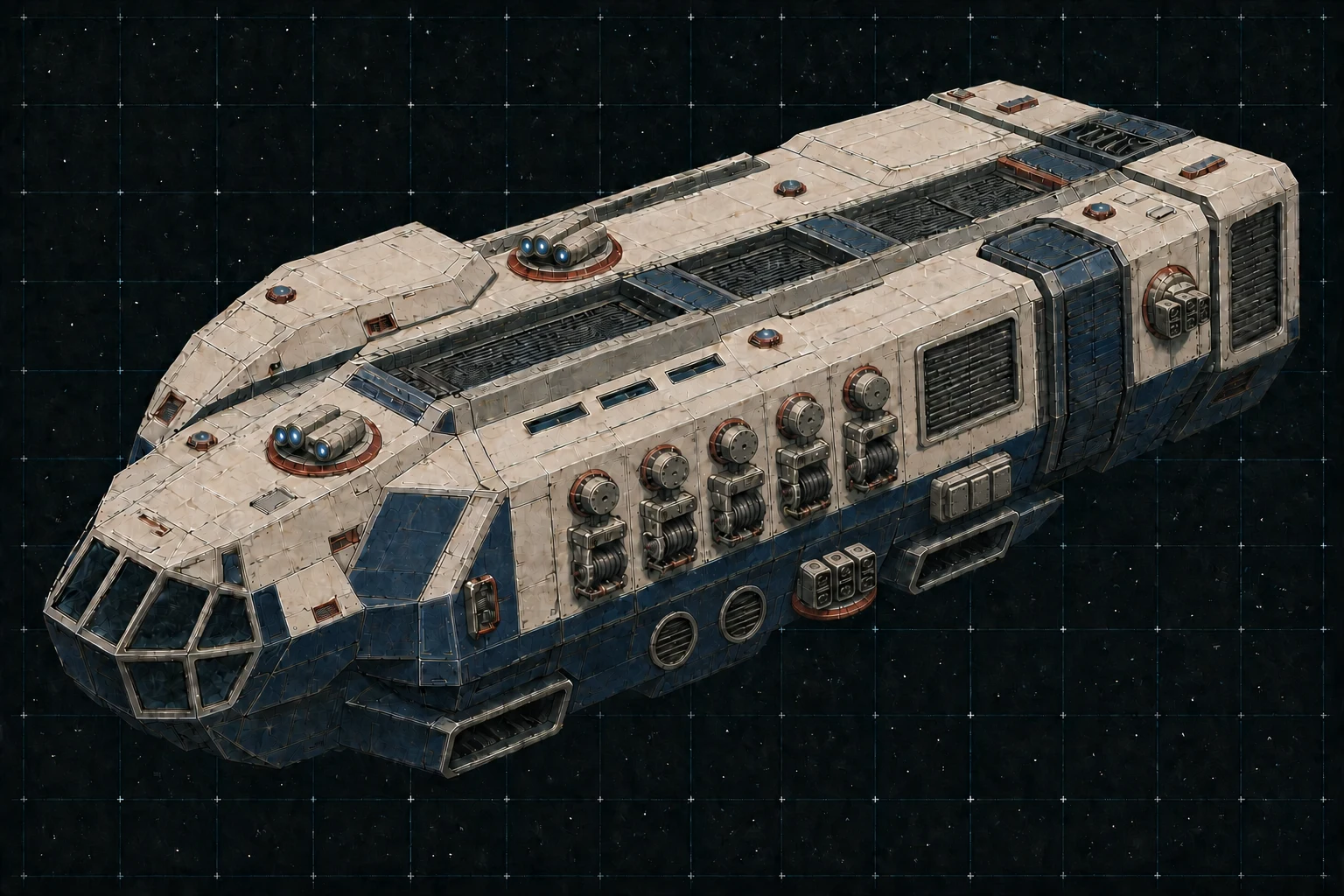 Painted three-quarter view of Fabius, a navy, warm-white, red, and bright-aluminum thousand-ton fleet replenishment ship with five visible triple turrets and five stowed transfer stations.