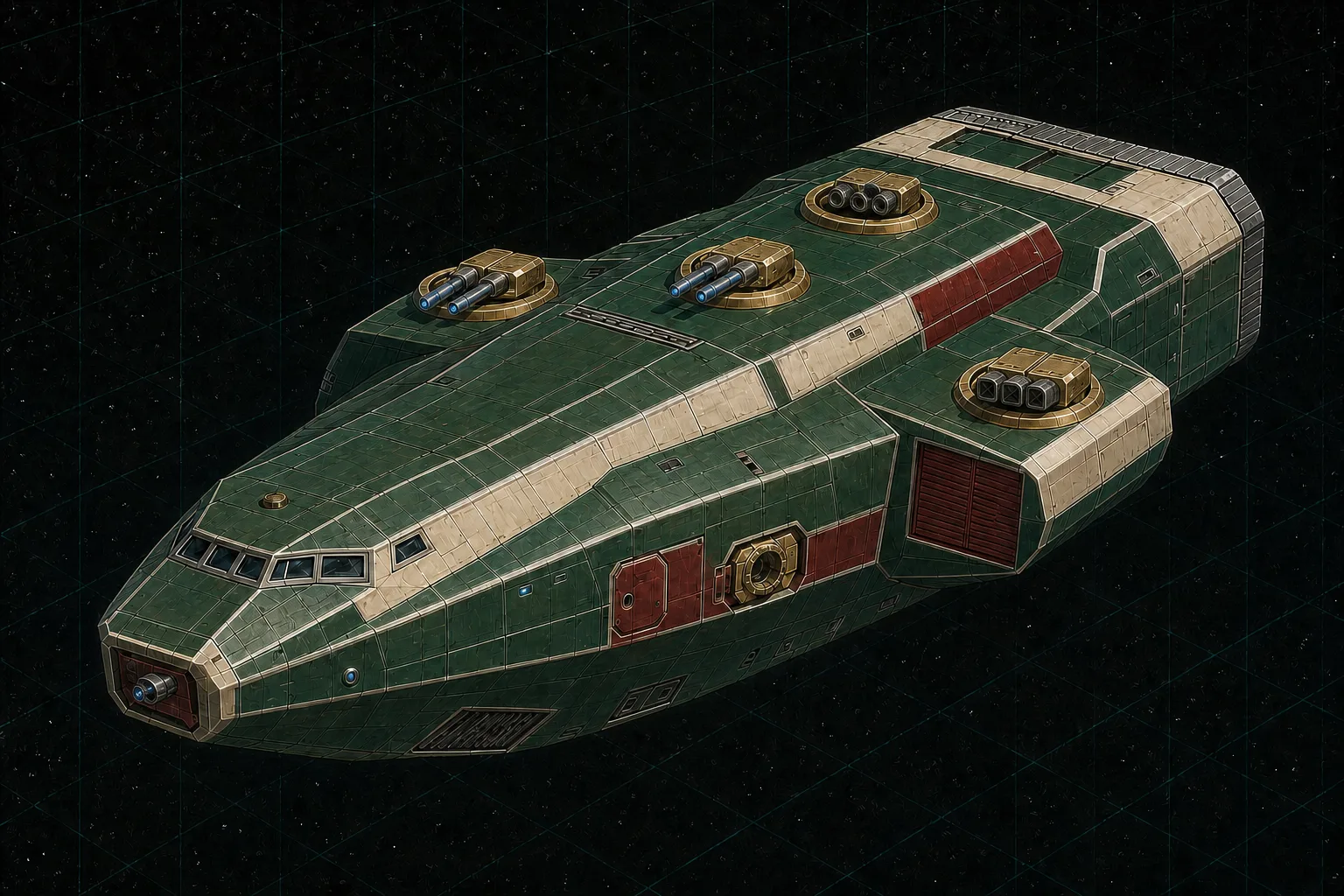 Painted three-quarter view of Hawkwood, an emerald five-hundred-fifty-ton patrol frigate with four triple turrets and a particle-beam barbette.