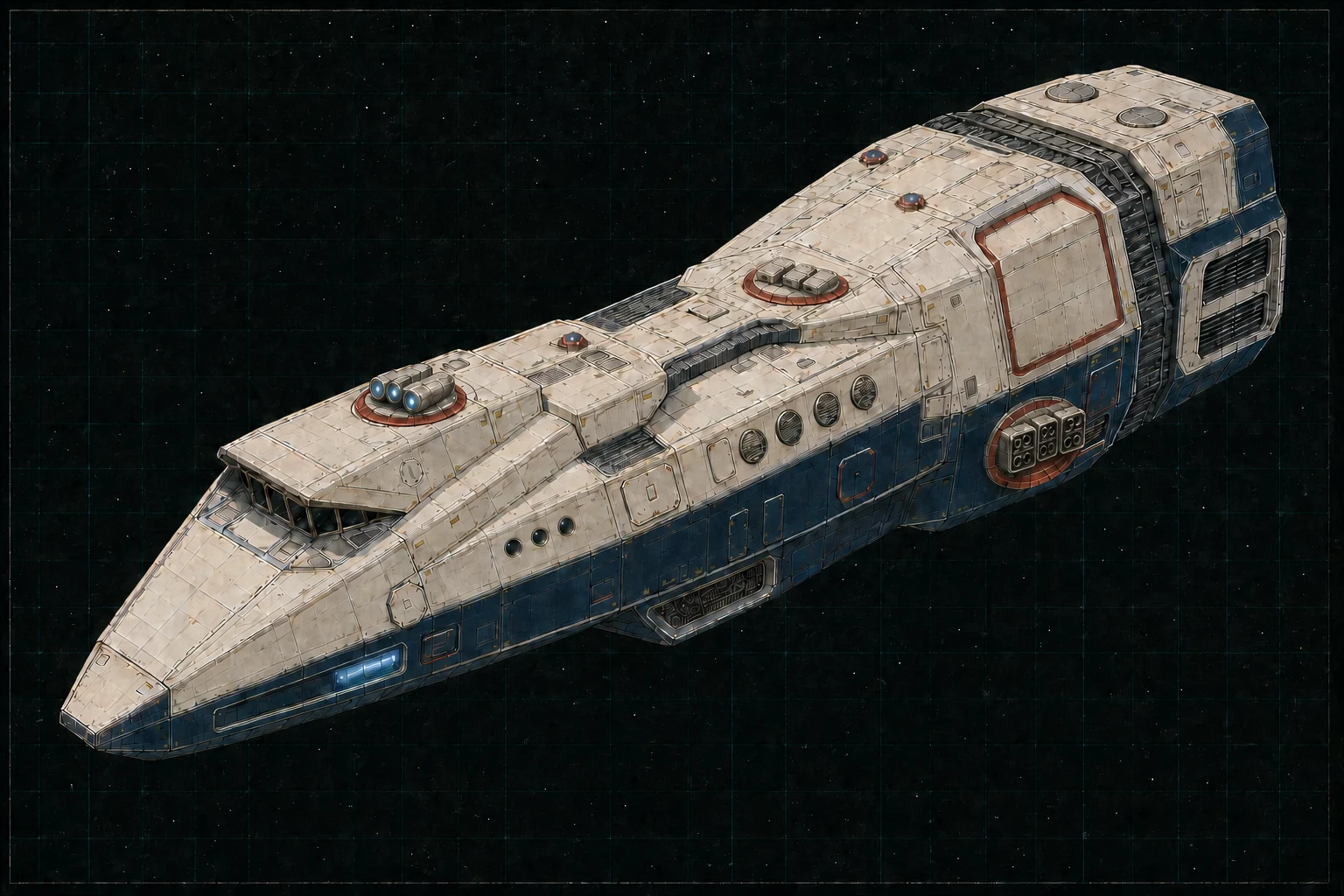 Painted three-quarter view of Greyhound, a navy, warm-white, red, and bright-aluminum six-hundred-ton pursuit-cleaver frigate with three visible triple turrets and a particle-beam barbette.