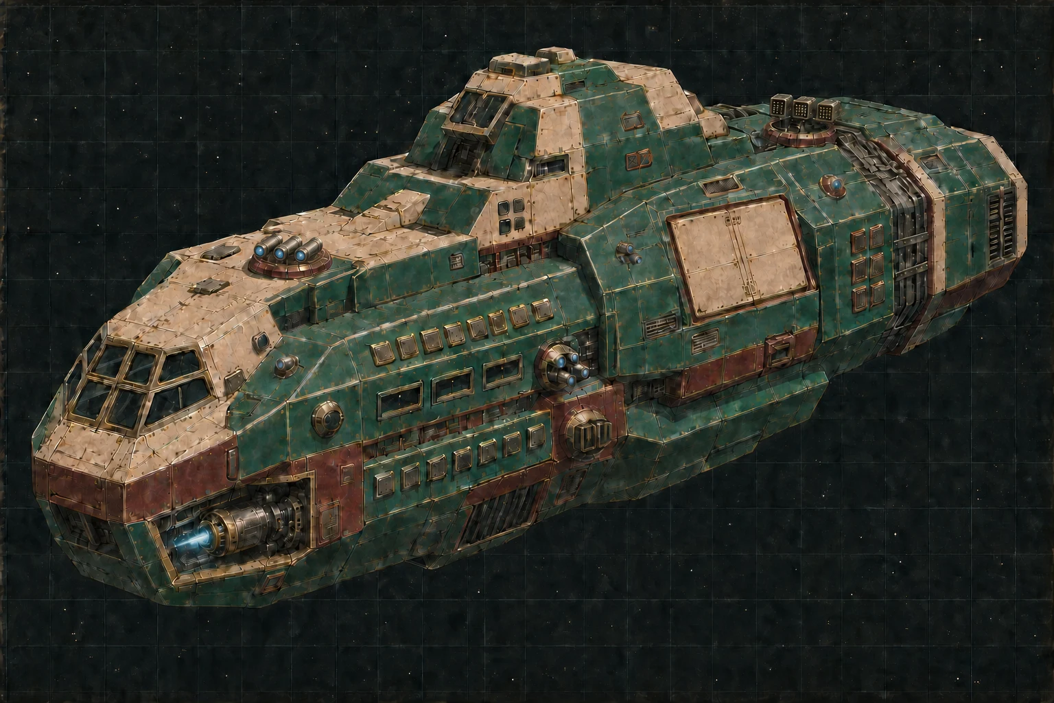 Painted three-quarter view of Cochrane, an emerald, cream, burgundy, and gold-chrome thousand-ton boarding bastion with a particle-beam bay and four visible triple turrets.