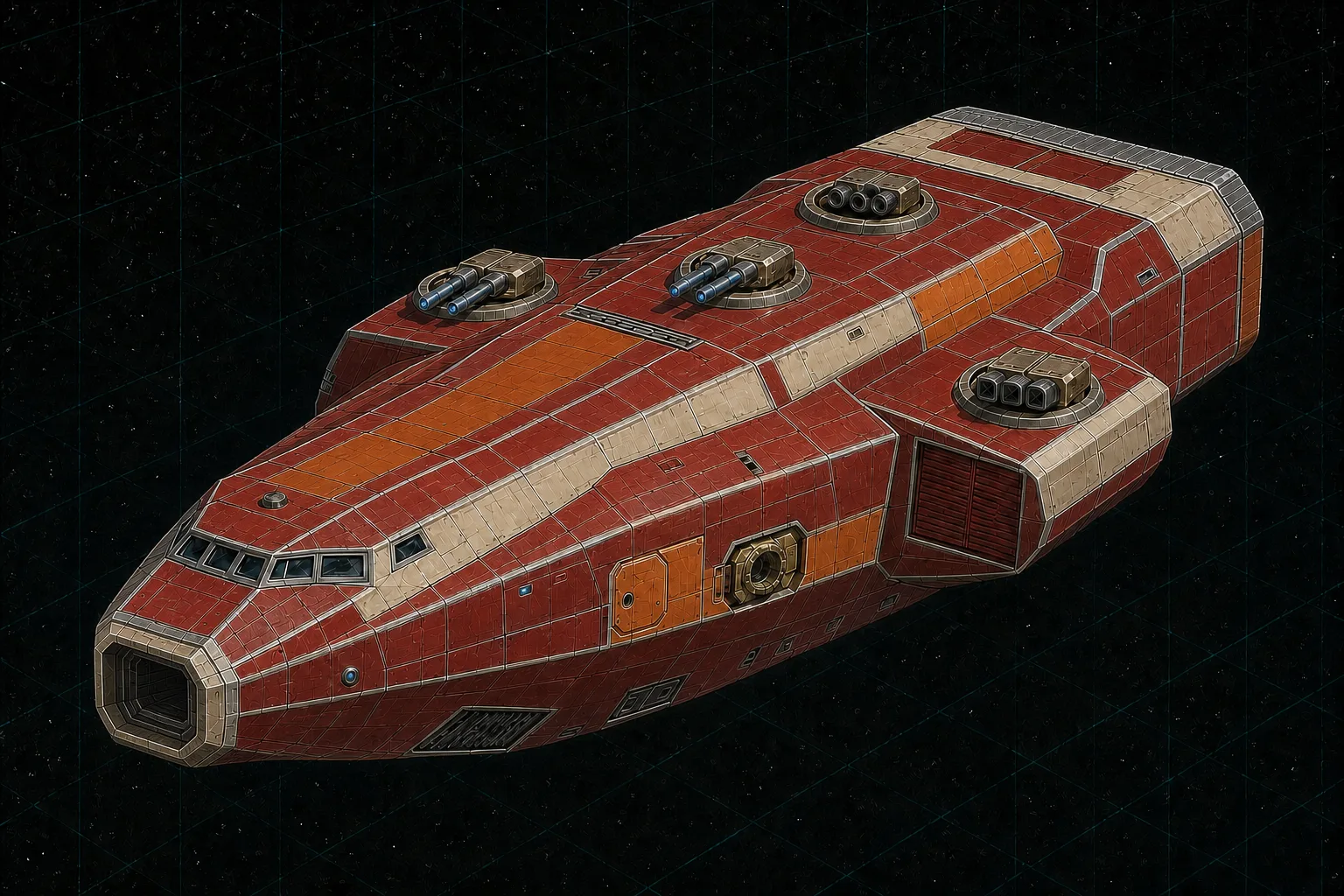 Painted three-quarter view of Condottiere, a red five-hundred-fifty-ton system-defense frigate with heavy armor and an axial meson-gun bay.