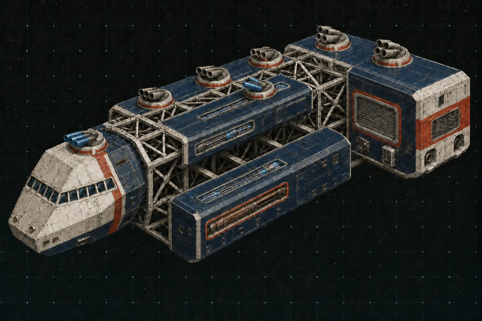 Painted three-quarter view of Corbett, a navy fifteen-hundred-ton distributed destroyer with seven triple turrets and eight barbettes.