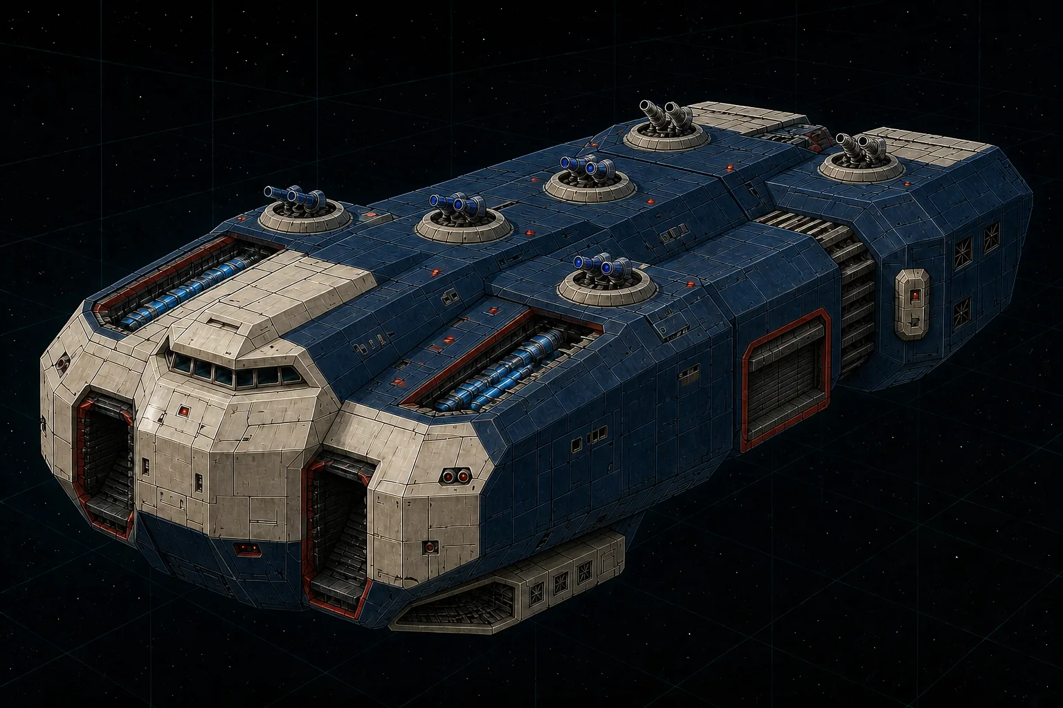 Painted three-quarter view of Duncan, a navy thousand-ton armored fleet escort with six triple turrets and four weapon bays.