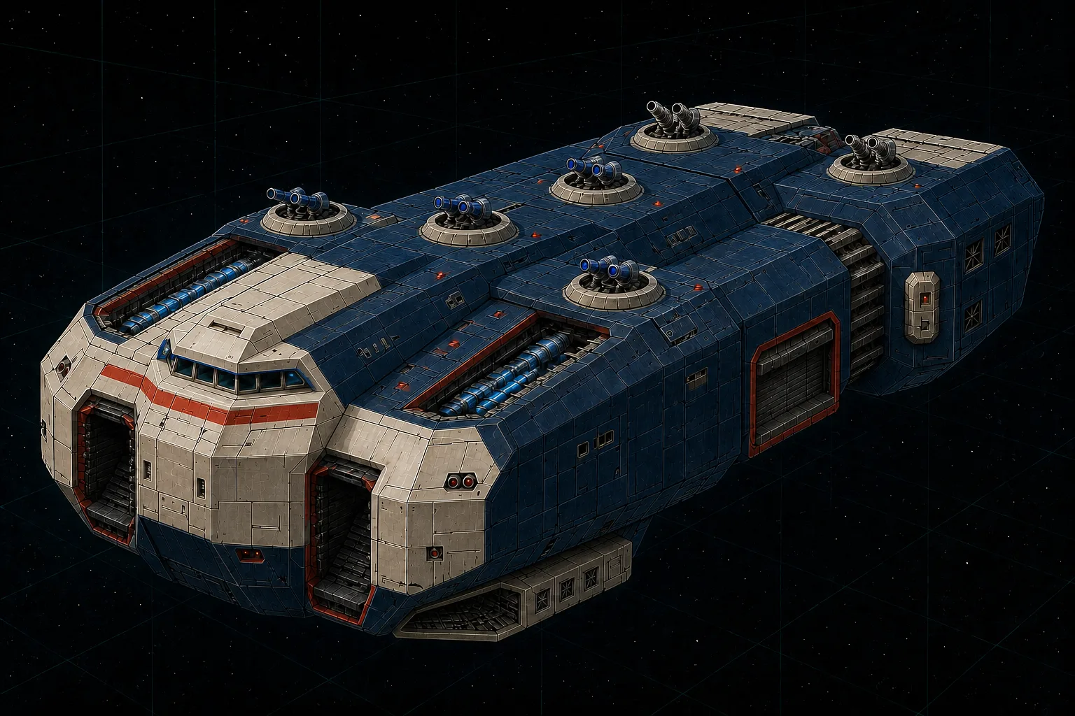 Painted three-quarter view of Duncan II, a navy thousand-ton armored command escort with a protected sensor brow and four weapon bays.