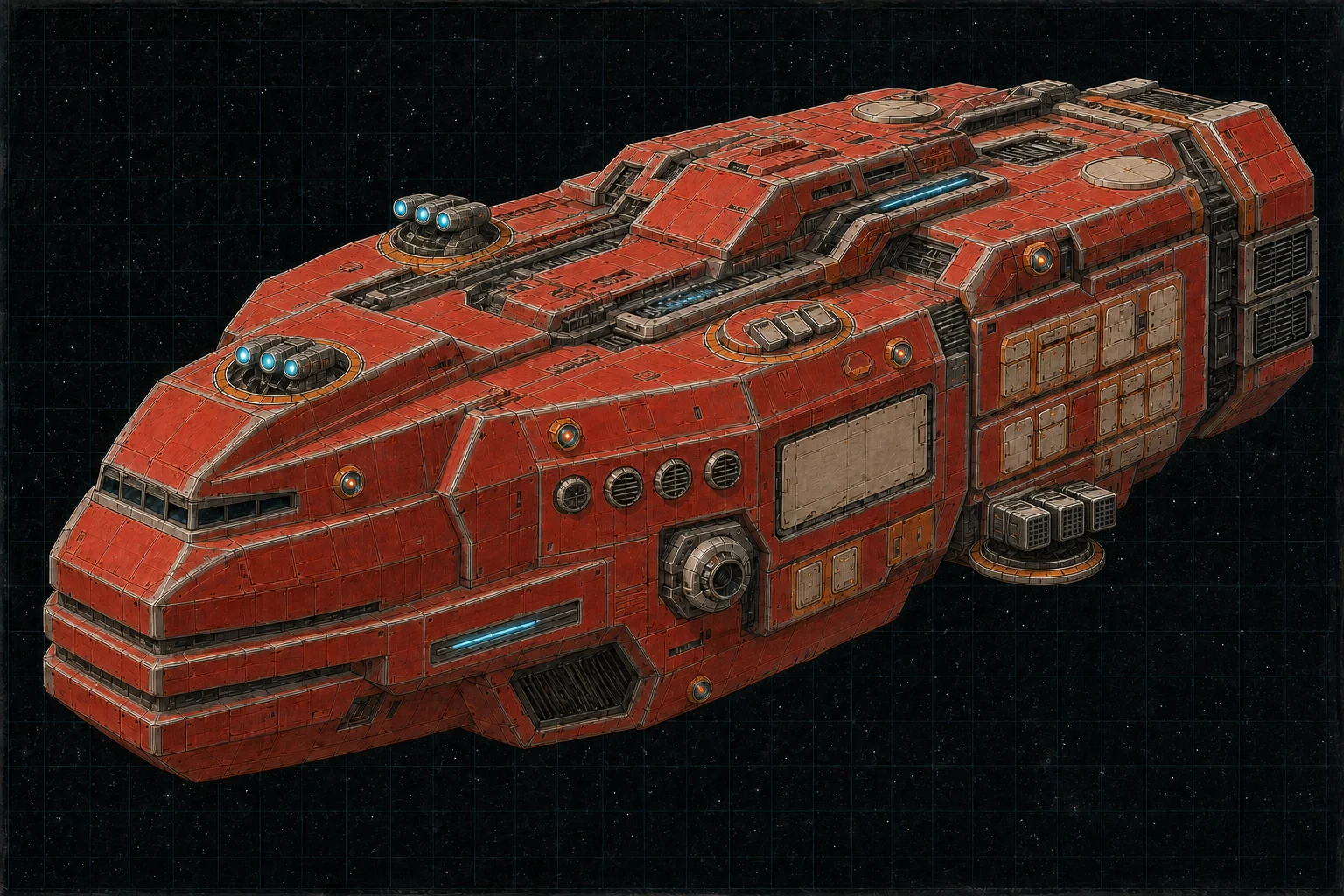 Painted three-quarter view of Marathon, a fire-red, orange, bone, and stainless twelve-hundred-ton siege-ferry cruiser with six visible distributed weapon stations and a closed three-berth hangar.
