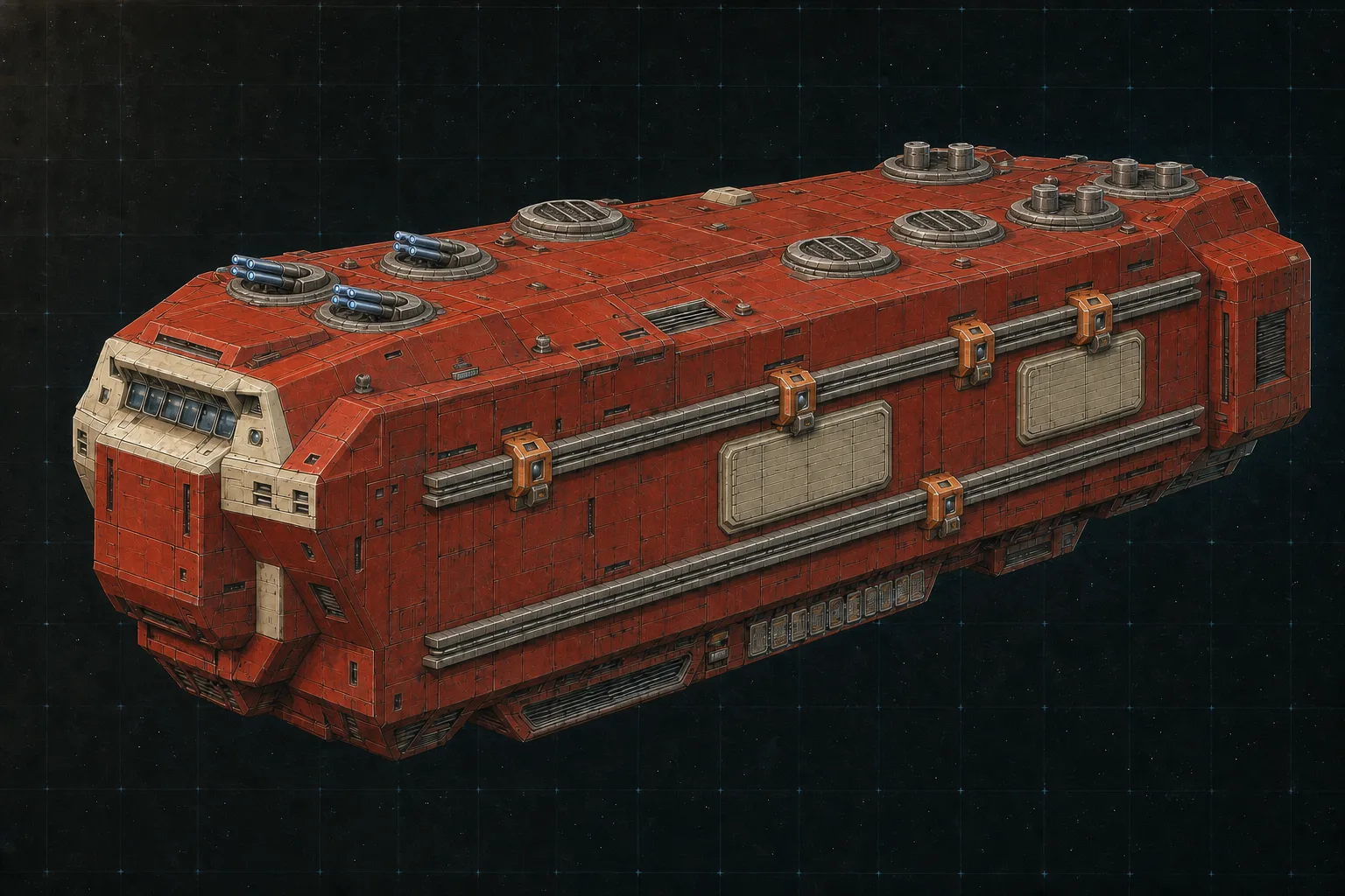 Painted three-quarter view of Enyo, a red fourteen-hundred-ton assault carrier with ten empty docking clamps and fourteen triple turrets.