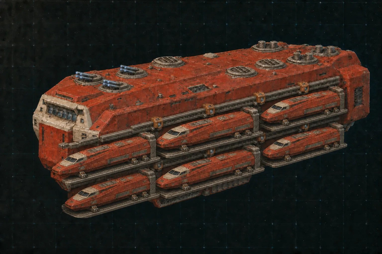 Painted three-quarter view of Ares, a red fourteen-hundred-ton parasite carrier with six visible docked Triton escort boats.
