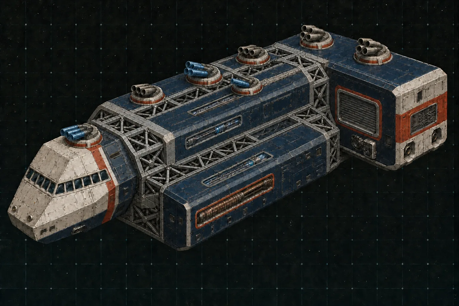 Painted three-quarter view of Corbett, a navy fifteen-hundred-ton close-structure destroyer with seven triple turrets and eight barbettes.