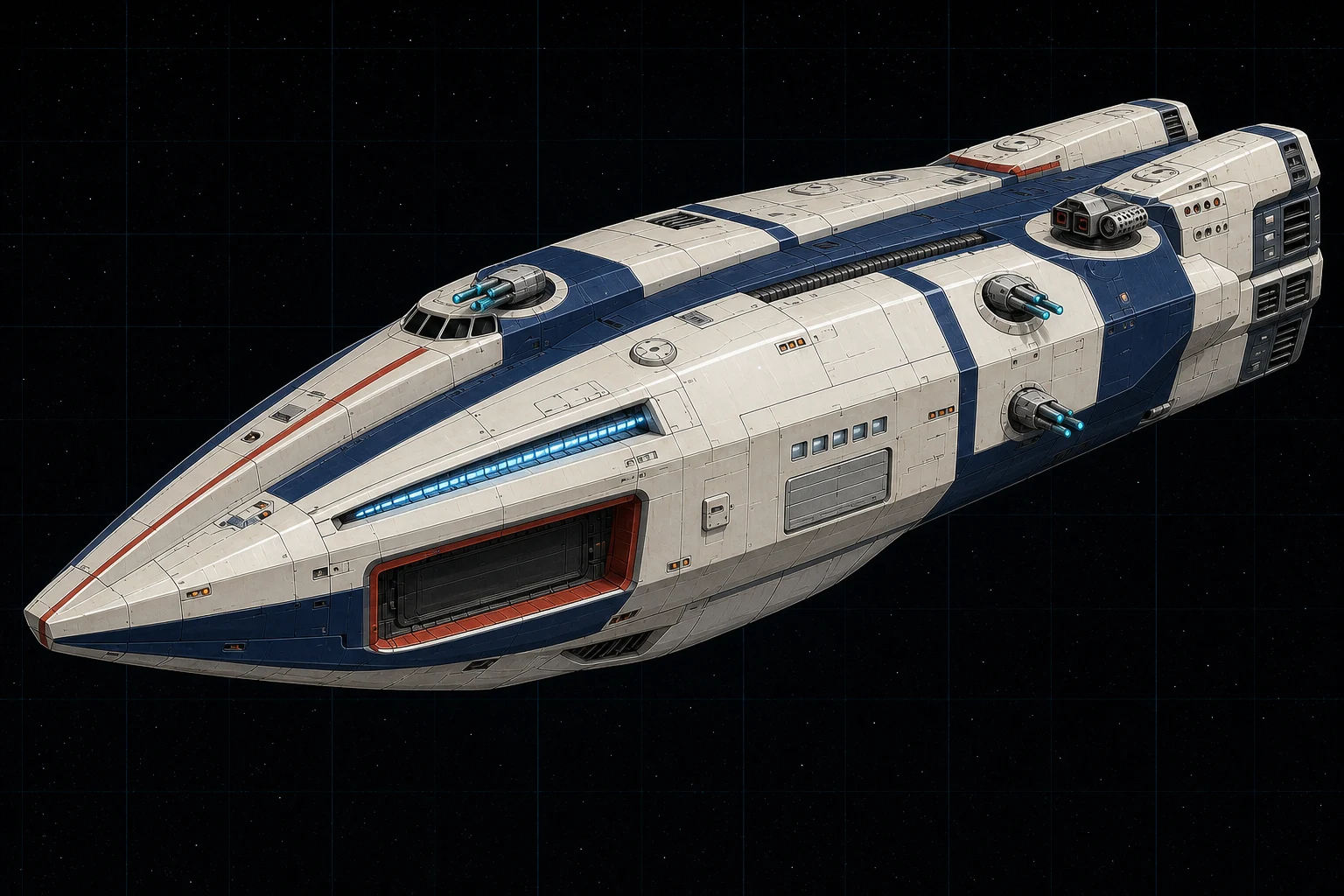 Painted three-quarter view of Togo, a navy, warm-white, red, and bright-aluminum twelve-hundred-ton streamlined intercept destroyer with two visible weapon bays and four distributed triple turrets.