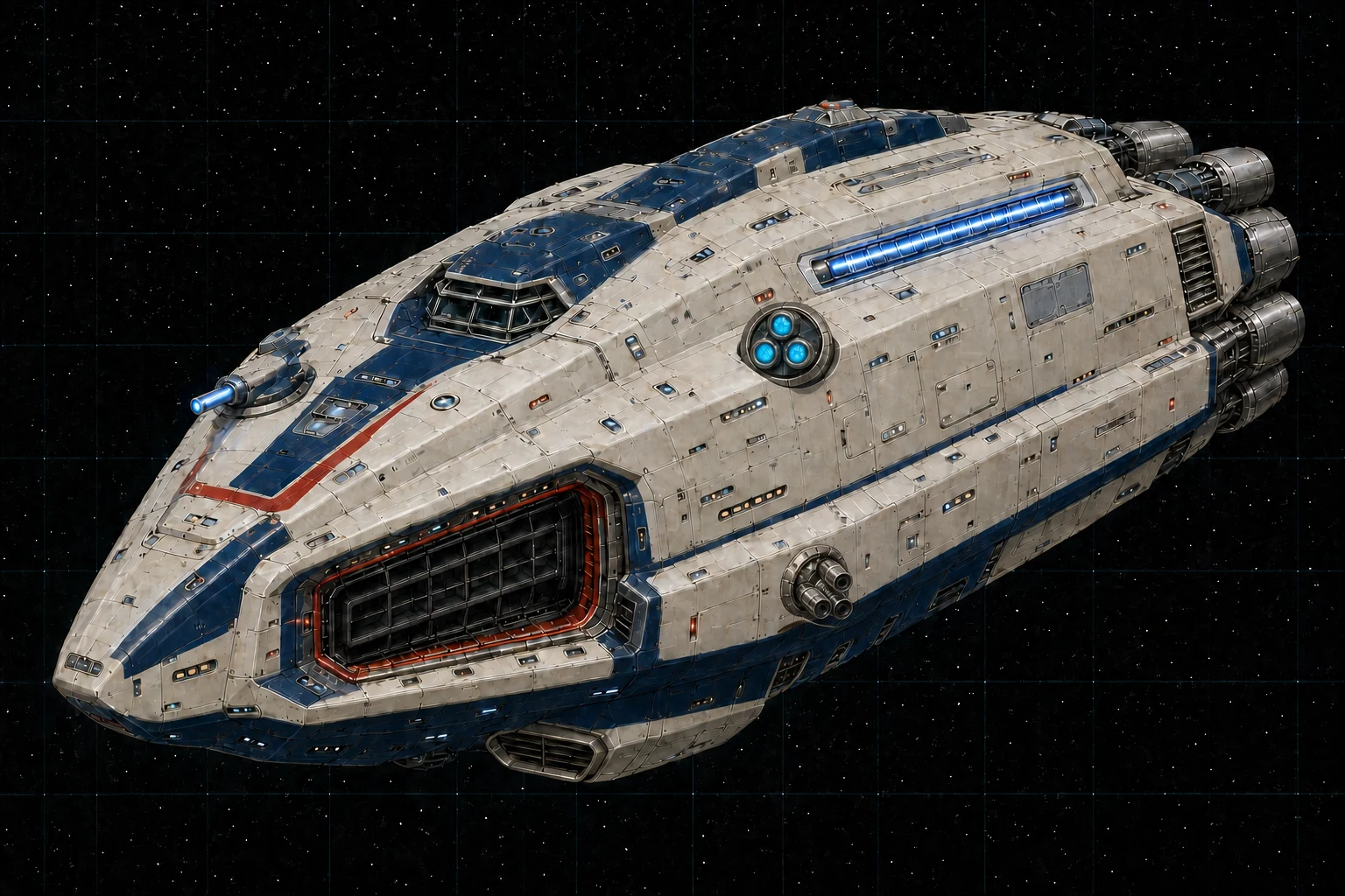 Painted three-quarter view of Yi, a navy, warm-white, red, and chrome thousand-ton streamlined shield-body combatant with one hundred-ton meson bay and four other visible weapon stations.