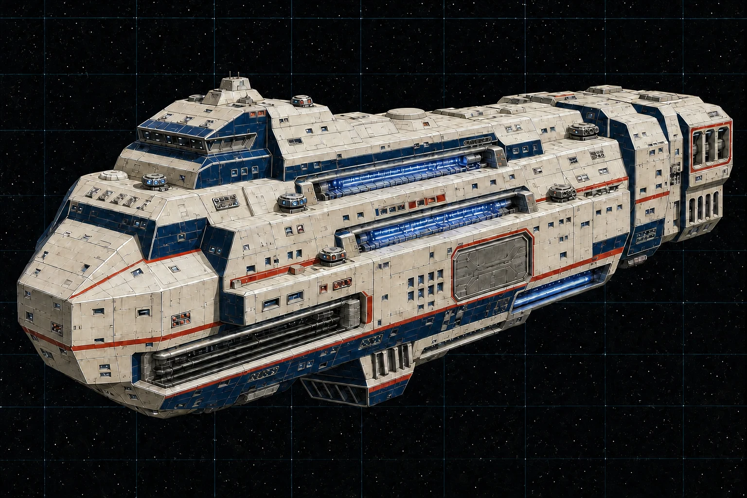 Painted three-quarter view of Themistocles, a navy, warm-white, red, and chrome eighteen-hundred-ton armored-trireme command cruiser with four visible weapon bays and five distributed triple turrets.