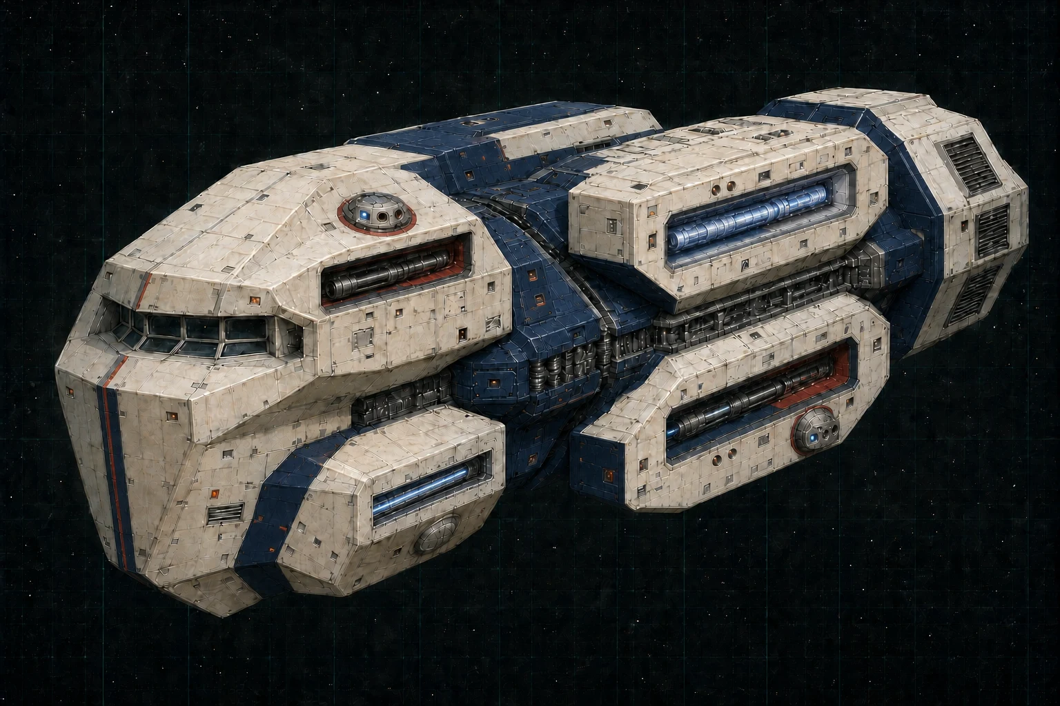 Painted three-quarter view of Jellicoe, a navy, warm-white, red, and chrome twelve-hundred-ton armored-crucible battlecruiser with four visible weapon bays and two distributed mixed turrets.