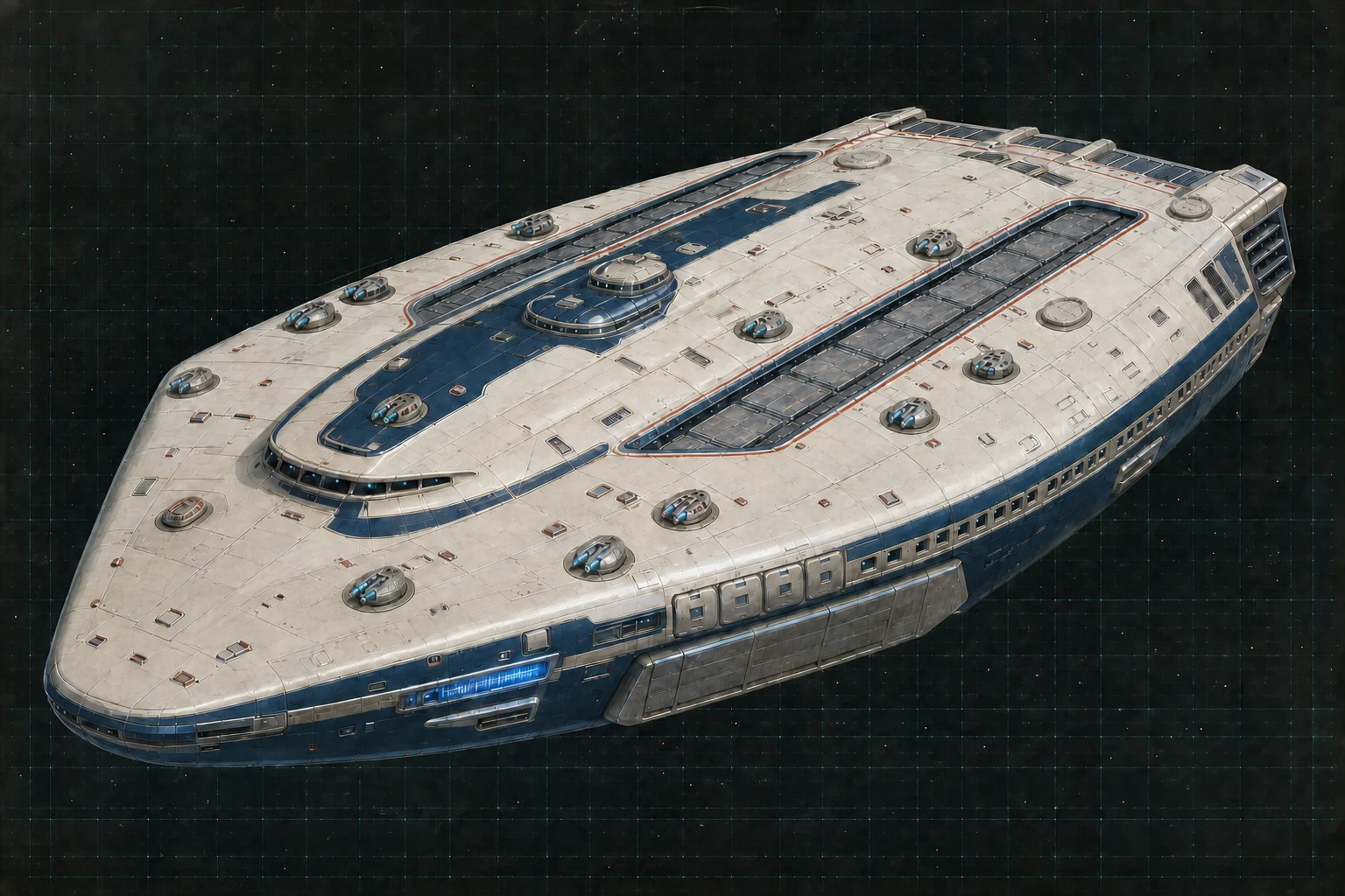 Painted three-quarter view of Hannibal, a navy, warm-white, red, and chrome twenty-five-hundred-ton twin-deck assault carrier with one visible particle bay and twelve distributed triple turrets.