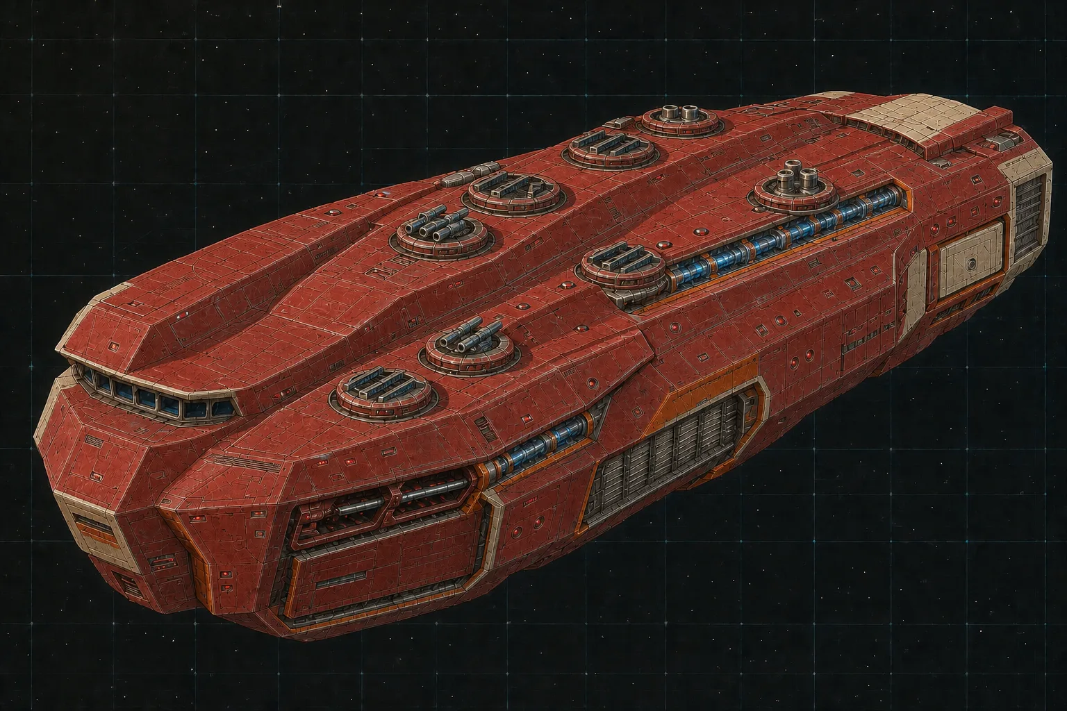 Painted three-quarter view of Citadel, a red twenty-five-hundred-ton system battlecruiser with capital bays and layered armor.